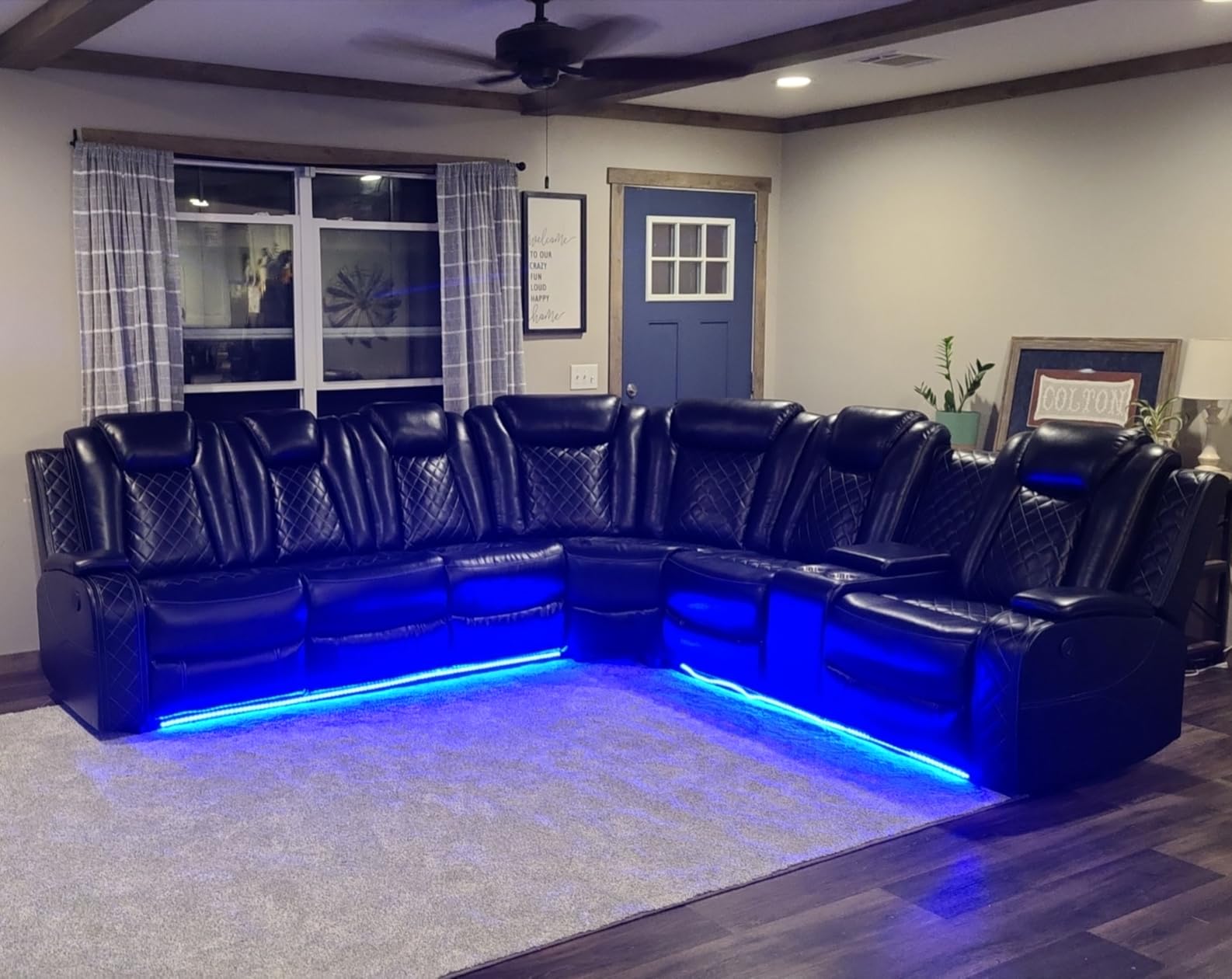 Power Recliner Sectional Sofa Set for Living Room, Leather Recliner Sofa Sets, L-Shaped Corner Sectional Couch Sets with LED Lights, Console Storage(Sectional,Black) customer photo 1