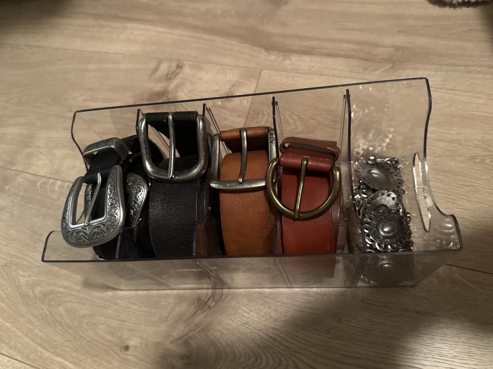 Belt Organizer - 2 Pack Clear Stackable Belt holder For Closet Drawer Storage - 5 Compartments with Removable Dividers, Multi-Purpose Display Bins With Inserts For Ties,Socks,underwear (2) customer photo 1