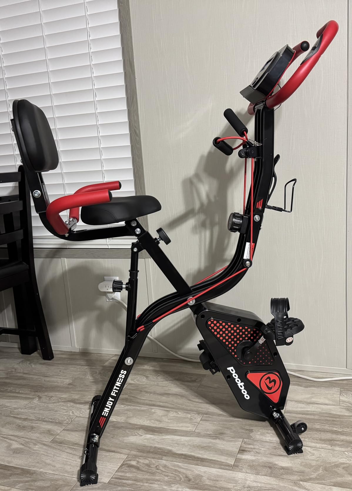 pooboo Folding Exercise Bike, Foldable Upright Stationary Bike, Indoor Cycling Magnetic X-Bike with 8-Level Adjustable Resistance, 6.6 LBS Flywheel, 300LB Capacity, Back Support Cushion for Home Gym customer photo 1