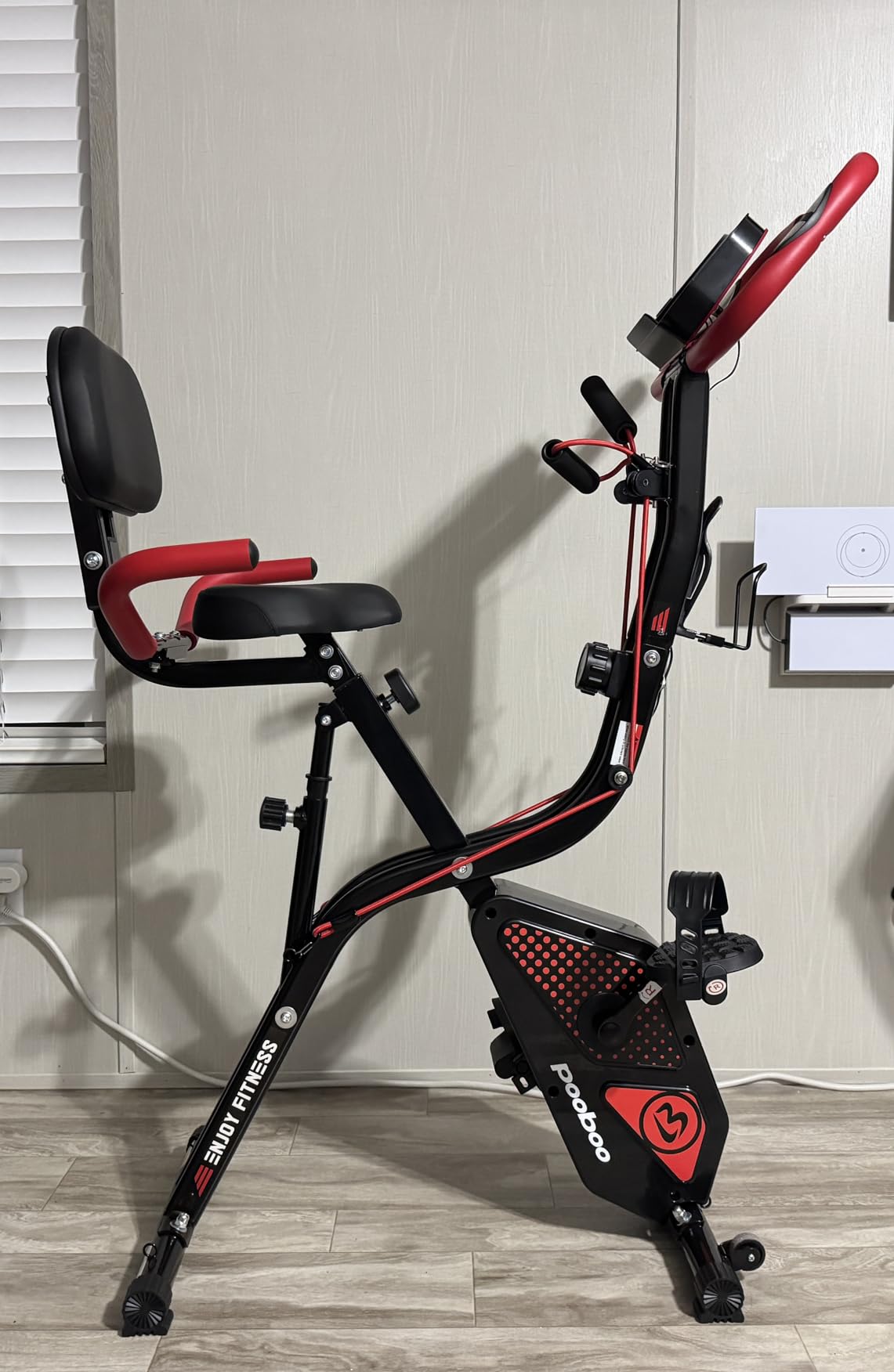 pooboo Folding Exercise Bike, Foldable Upright Stationary Bike, Indoor Cycling Magnetic X-Bike with 8-Level Adjustable Resistance, 6.6 LBS Flywheel, 300LB Capacity, Back Support Cushion for Home Gym customer photo 2