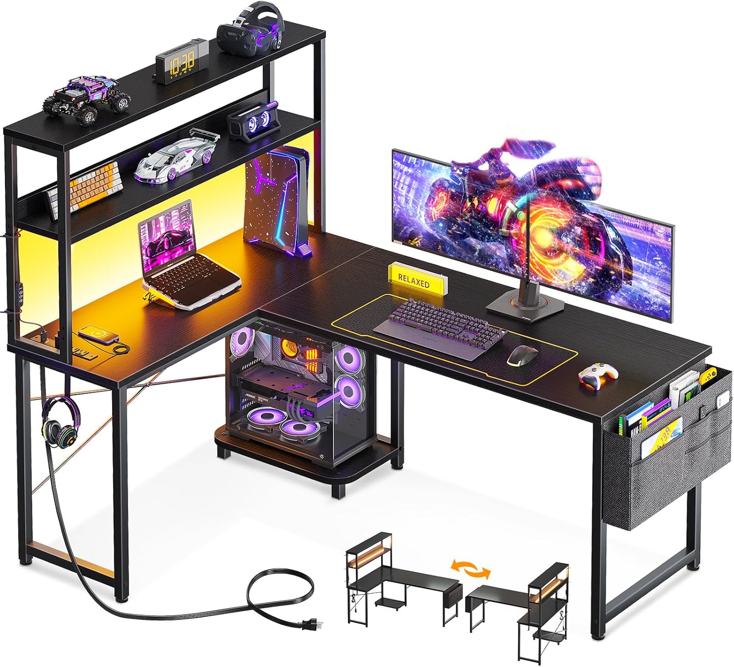 ODK 53 Inch L Shaped Gaming Desk with LED Lighting, Reversible Desk with Power Outlets, Corner Computer Table with Storage Shelves & Bag & Iron Hook, Home Office Table for Writing, Study, Black customer photo 1