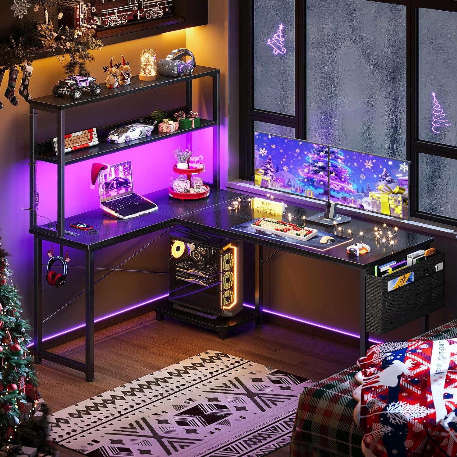 ODK 53 Inch L Shaped Gaming Desk with LED Lighting, Reversible Desk with Power Outlets, Corner Computer Table with Storage Shelves & Bag & Iron Hook, Home Office Table for Writing, Study, Black customer photo 2