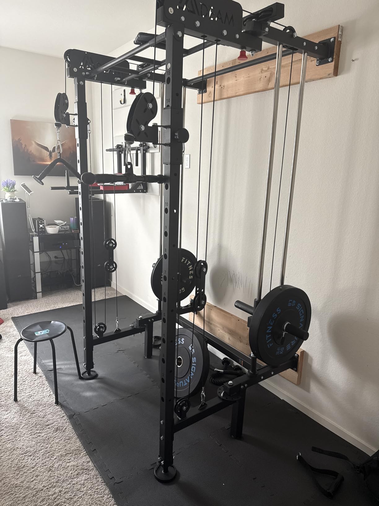 Folding Squat Rack, Wall Mounted Power Rack with Cable Crossover Machine & LAT Pull Down Multi-Function Space-Saving Power Cage with 7 Adjustable Modes/Dual Pulley System/Pull-up Bar/360°Landmine customer photo 1
