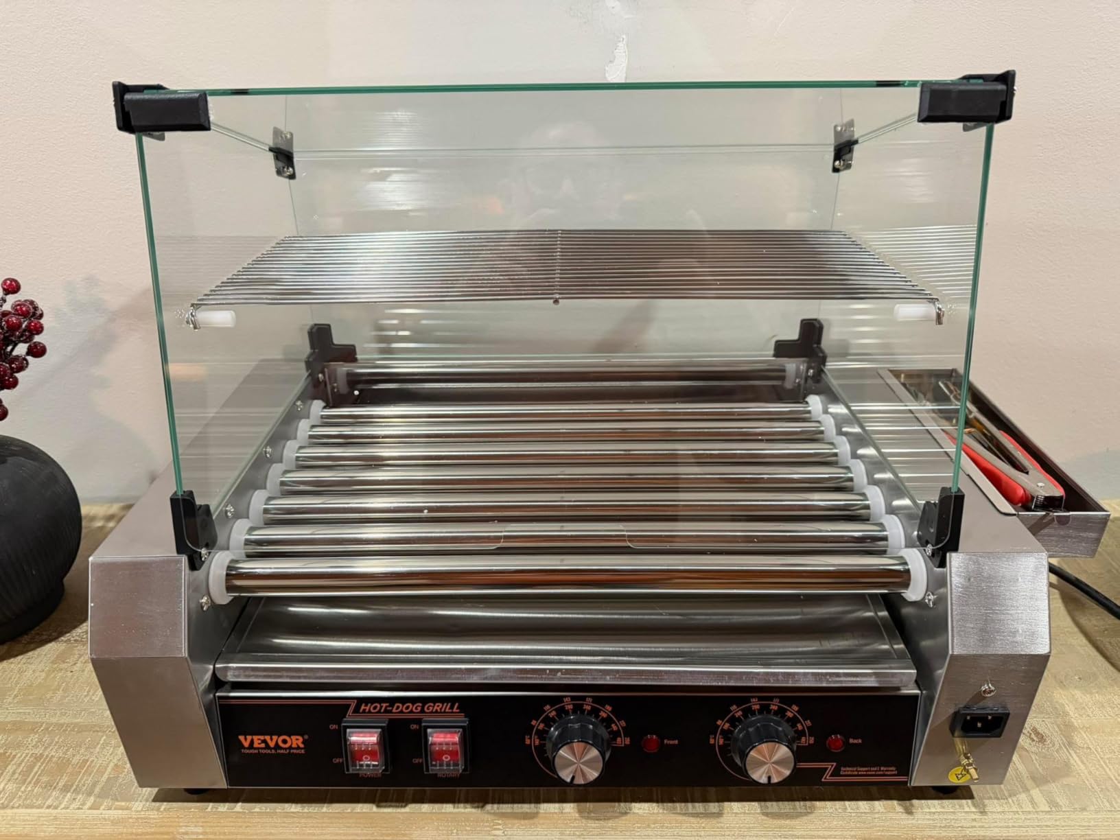 VEVOR Hot Dog Roller, 12 Hot Dog 5 Rollers, Stainless Steel Sausage Grill Cooker, 750W Commercial Hot Dog Machine with Dual Temp Control, Cover, Side Storage Box, Removable Shelf & Oil Drip Tray customer photo 1