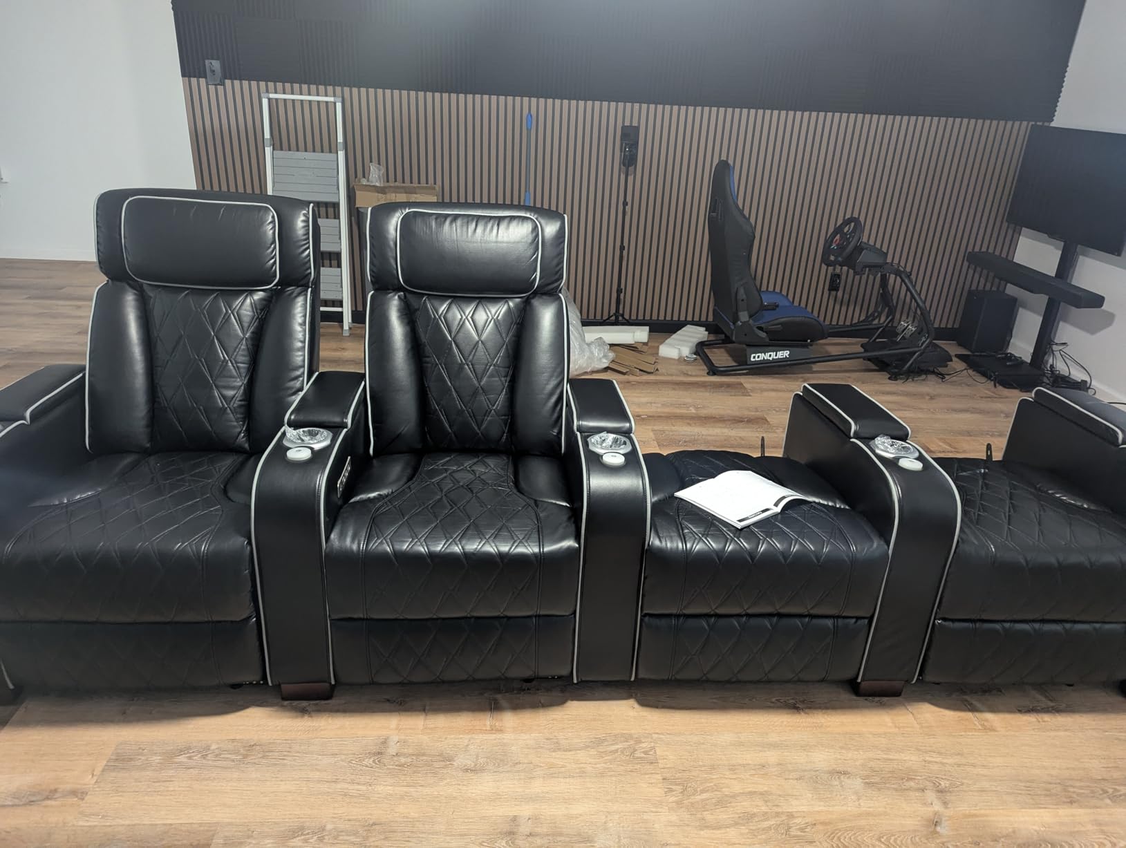 Luxury Home Theater Seating - Power Recliner with Adjustable Headrests, Blue LED Ambient Lighting, Tray Table, USB & Type-C Charging (Black,4 Seat) customer photo 2