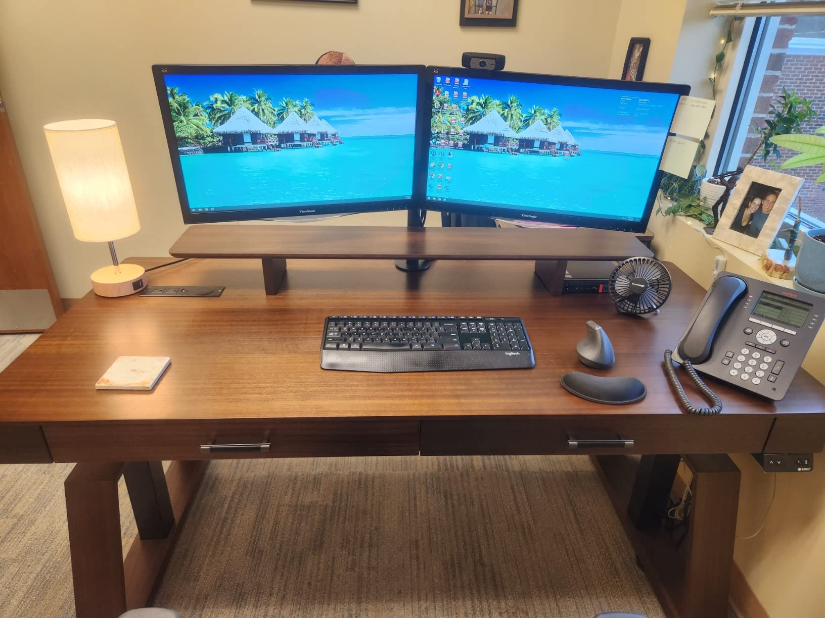 EUREKA ERGONOMIC Standing Desk, 63 inch Executive Desk with Drawers, Modern Trapezoidal Leg Luxury Home Office Computer Desk w Monitor Stand, Red Oak customer photo 1