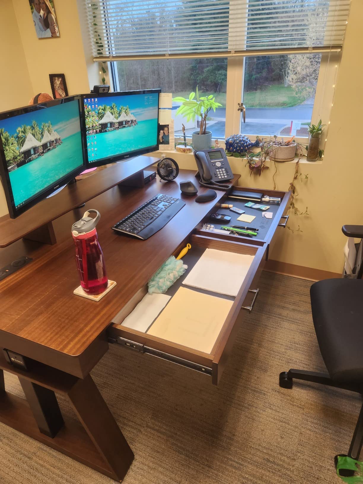 EUREKA ERGONOMIC Standing Desk, 63 inch Executive Desk with Drawers, Modern Trapezoidal Leg Luxury Home Office Computer Desk w Monitor Stand, Red Oak customer photo 2