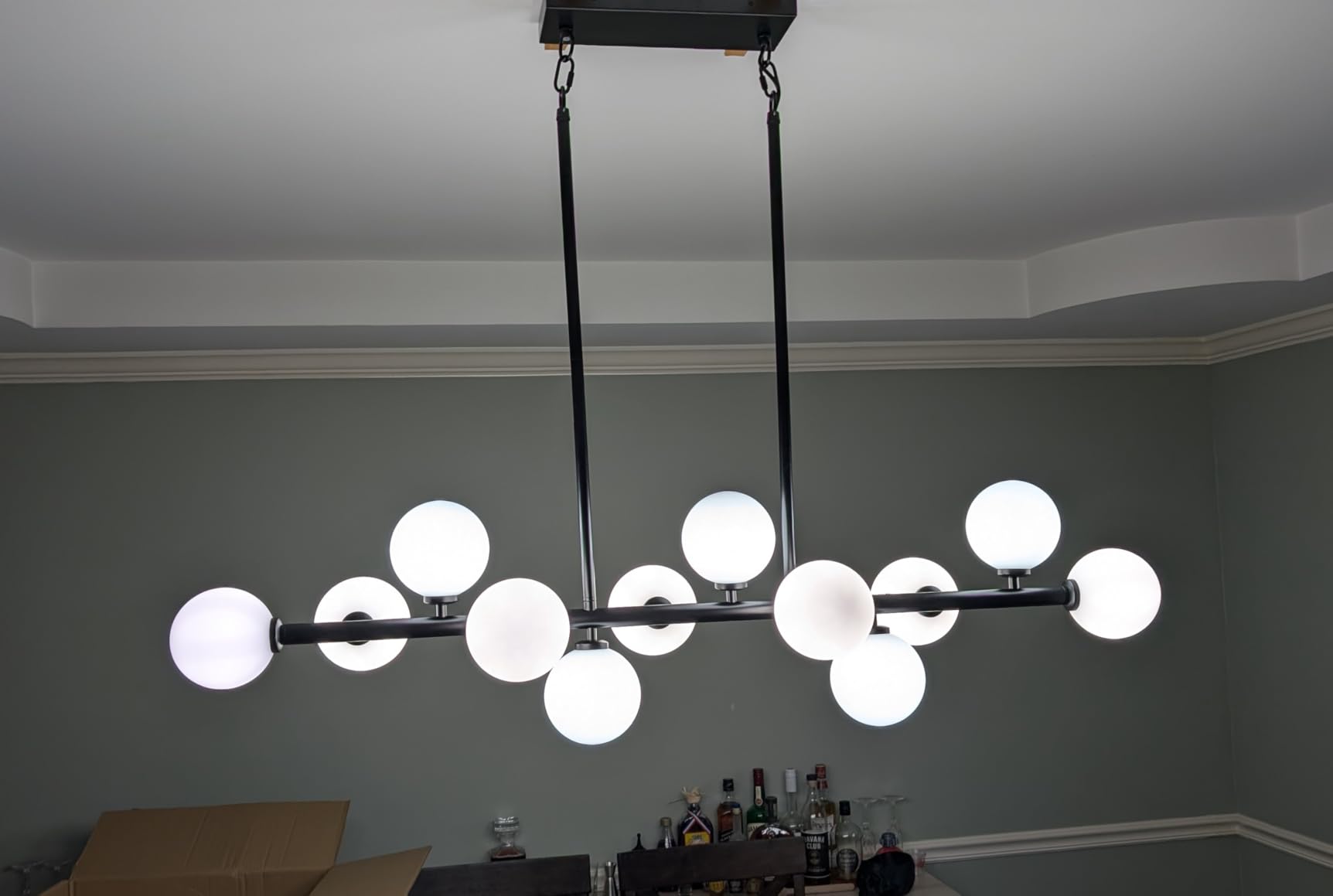 50 Inch Large Glass Globe Sputnik Chandelier, 12-Light Mid Century Modern Dining Light Fixture Over Table, Black Linear Chandeliers for Dining Room Kitchen Island Living (Milk White Bubble) customer photo 2