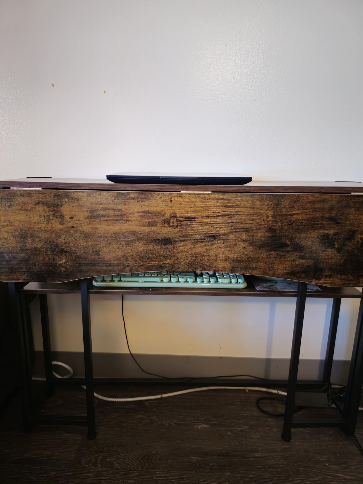 Huuger Folding Desk with Storage Shelf, 31.5 Inch Foldable Computer Table for Small Spaces, Space Saving Sofa Table for Couch, Writing Work Office Computer Desk, Easy to Fold, Rustic Brown customer photo 2