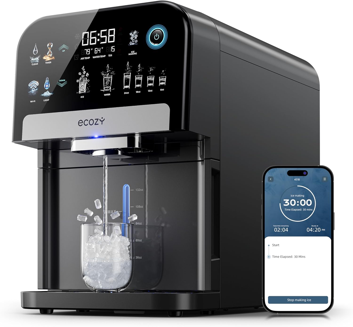 ecozy Nugget Ice Maker Dispenser, Smart 2-in-1 Pebble Ice Machine Countertop & Water Dispenser with App Control, Self-Cleaning, Auto Lighting, TDS Monitor, Measured Dispensing, 33Lbs/Day customer photo 1