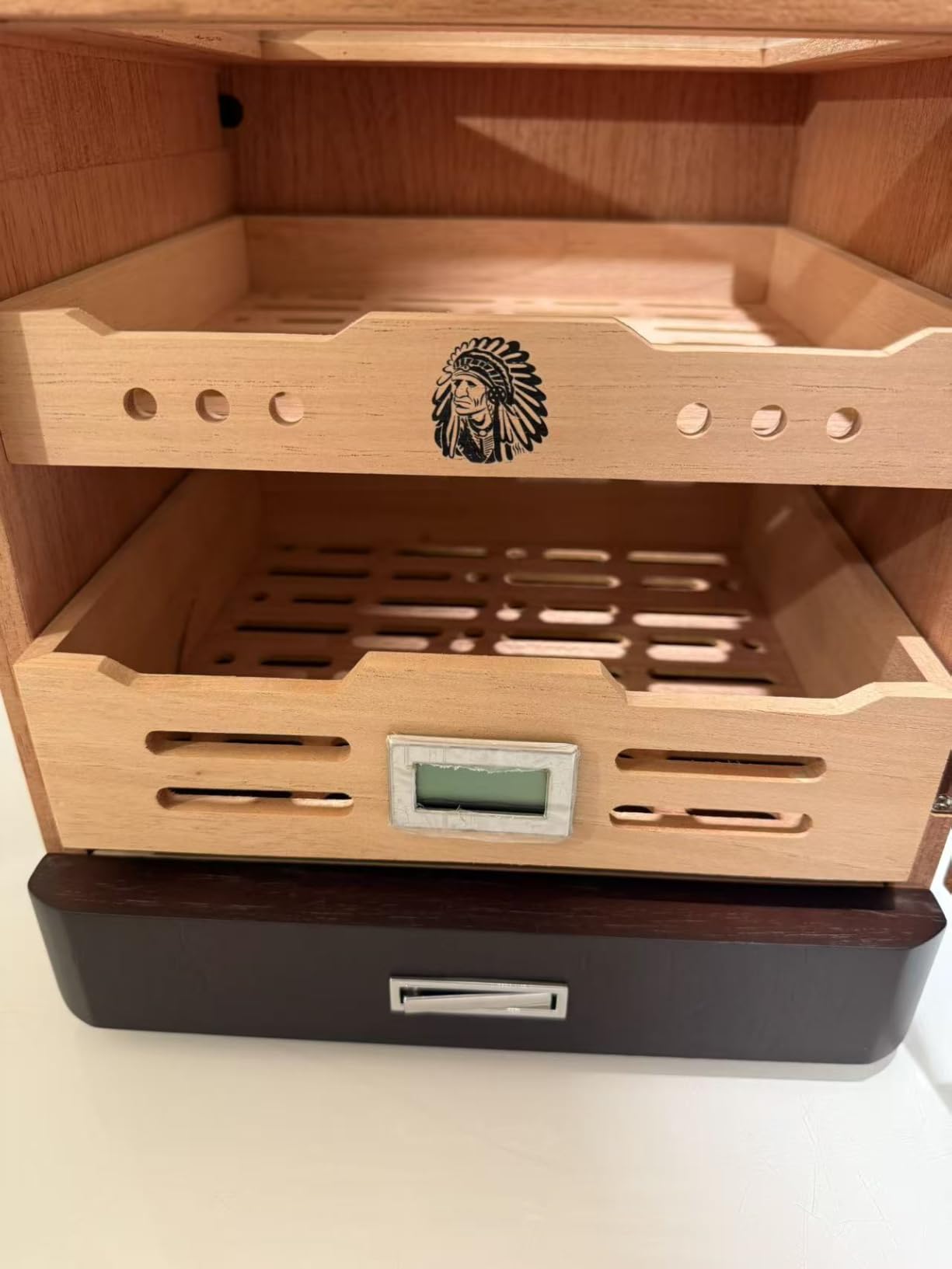 XIFEI Cigar Humidor Cabinet, Glass Top & Adjustable LED Lighting, Digital Hygrometer, 2 Humidifiers, Cigar Tube, Desktop Cedar Wood Humidor with Accessory Drawer for 80-100 Cigars customer photo 1