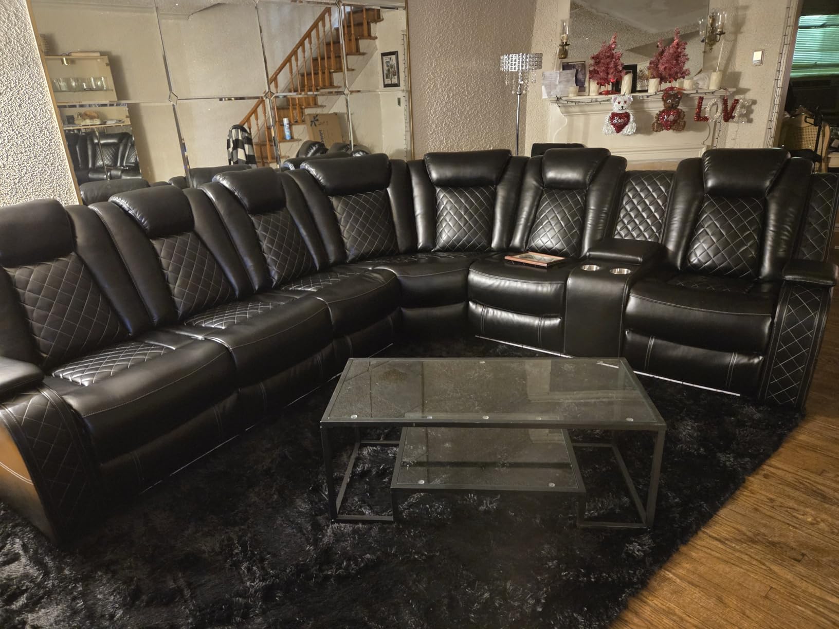 Power Recliner Sectional Sofa Set with LED, Modern L-Shaped Reclining Sofa, Leather Reclining Corner Couch with Cup Holders/Storage/USB Charging Ports for Living Room/Home Theater, Cream White customer photo 2