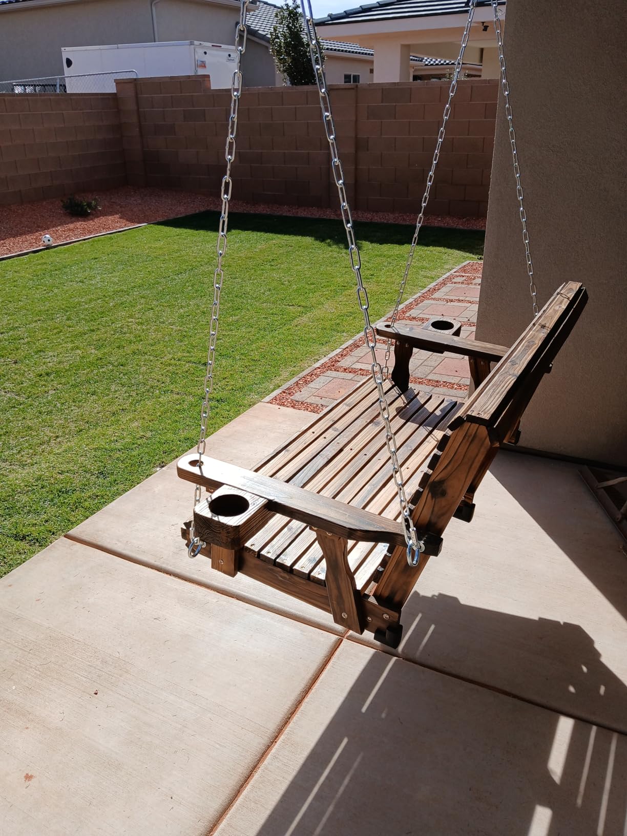 Wooden Porch Swing 3-Seater, High Backrest and Deep Seat, Bench Swing with Cupholders, Hanging Chains and 7mm Springs, Heavy Duty 880 LBS, for Outdoor Patio Garden (Carbon Black, 5 FT Extra Large) customer photo 1
