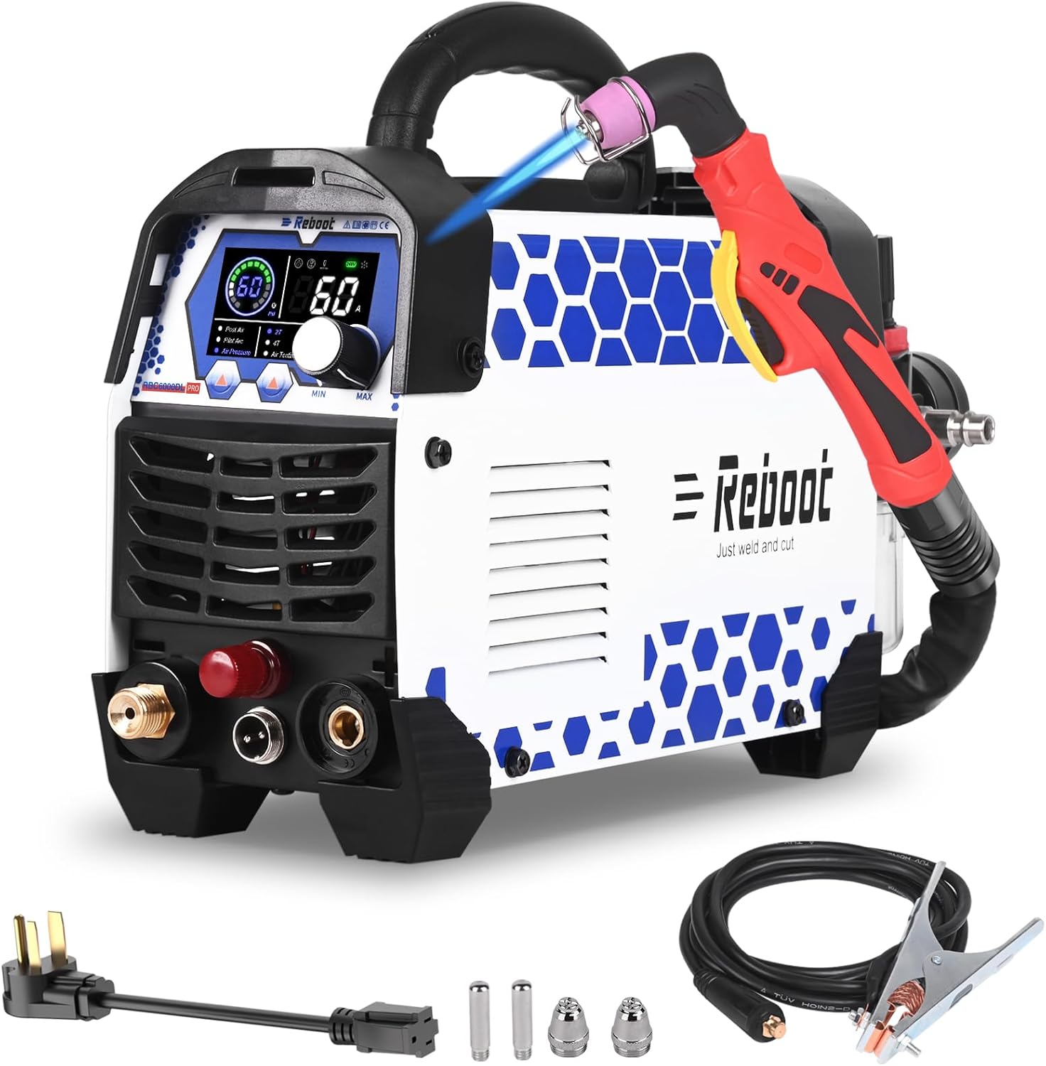 Reboot Pro 60A Plasma Cutter 2025, Pilot Arc Non-Contact Cutting, 120V/240V Dual Voltage,Large Digital Smart Screen, Enhanced for Metal/Mesh/Stainless Steel, 1/2'' Clean Cut 3/4