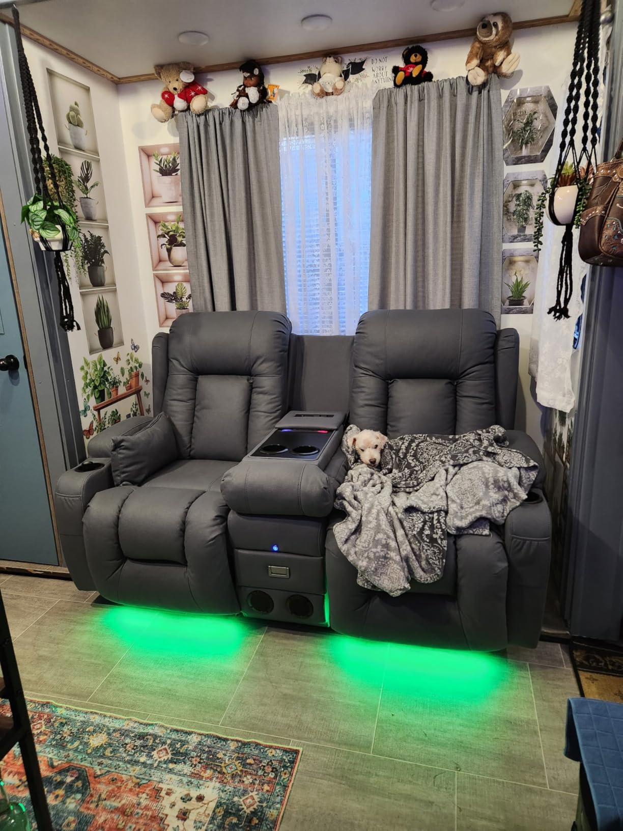 TUNYI Power Loveseat Recliner Sofa with Massage & Heat Home Theater Seating with Console RV Recliner Loveseat Sofa with USB/Storage/Side Pocket/LED Light/Speaker (Black, 3 Seat with Console) customer photo 1