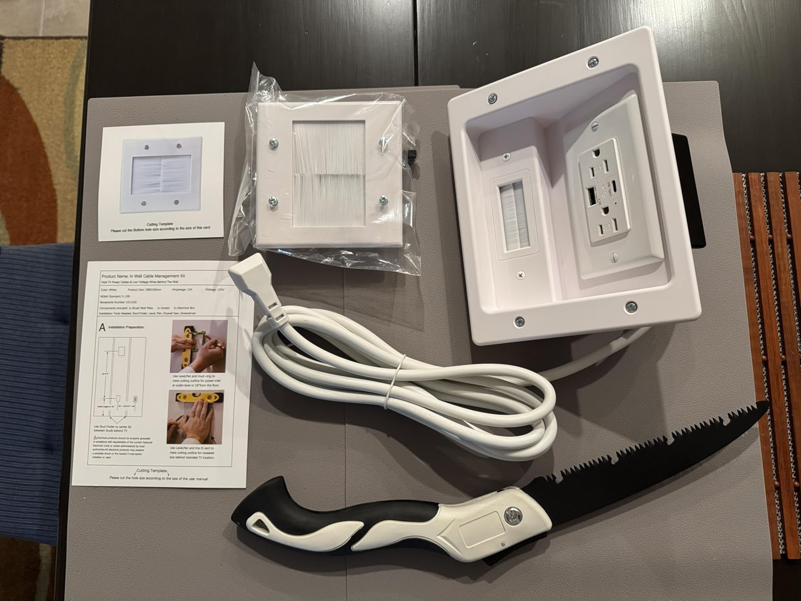 in-Wall TV Cable Management Kit with Power, Dual Outlets, USB-A & USB-C Ports, 9ft/109in Cord, Includes Wall Cutting Tools, Hide TV Wires for Clean Home Theater Setup customer photo 1
