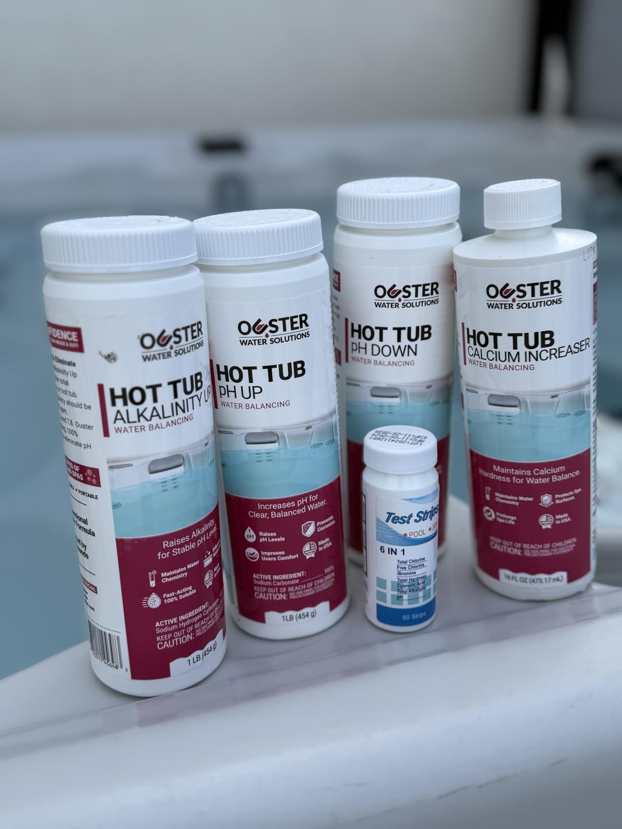 Bio Ouster Hot Tub Water Balancing Kit - Spa pH Up, pH Down, Alkalinity Increaser, Calcium Hardness Increaser & Test Strips - Spa Chemicals Starter Kit for Inflatable & Acrylic Hot Tubs - Made in USA customer photo 1