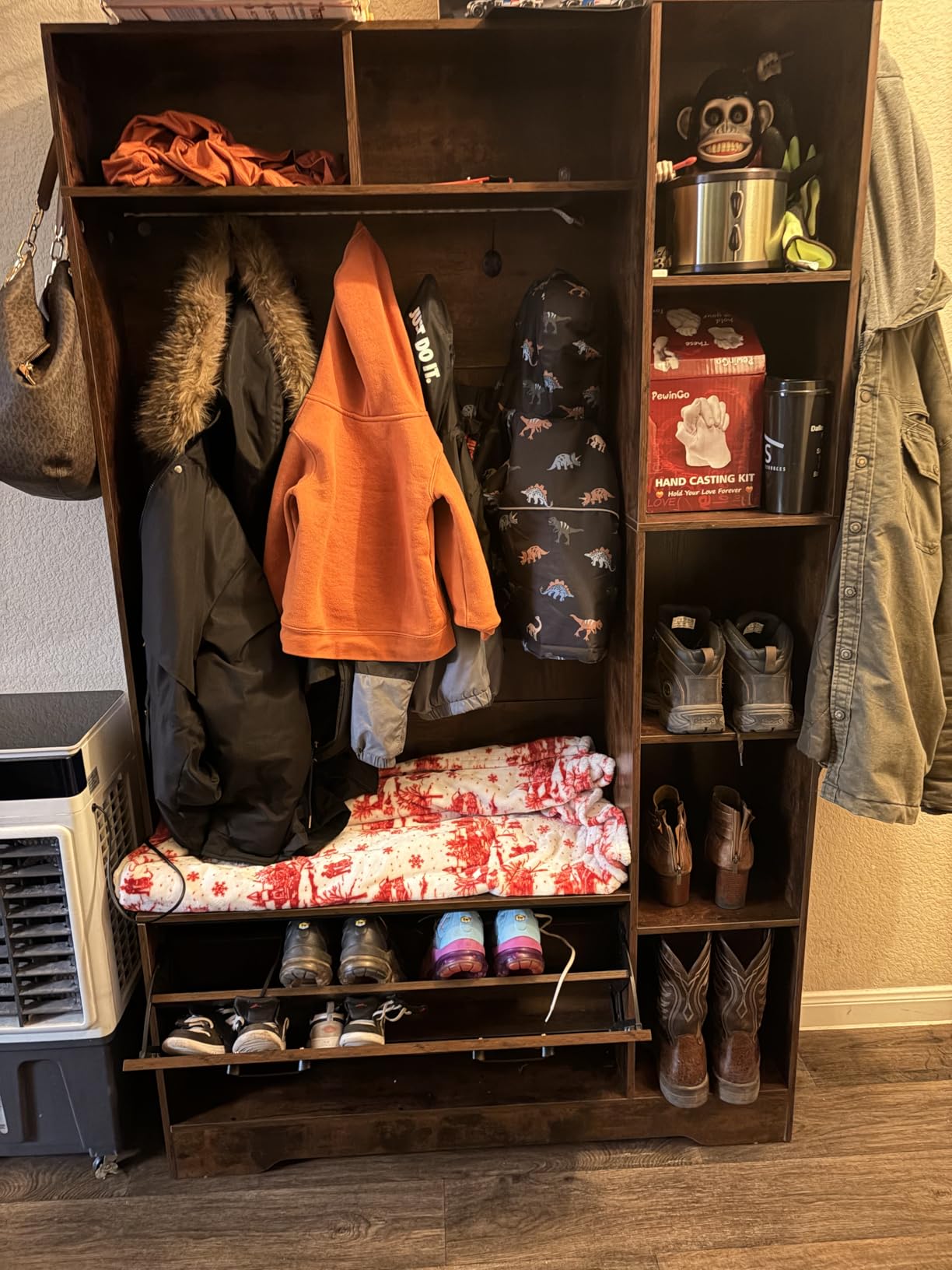 Itaar Hall Tree with Bench and Shoe Storage, Farmhouse Entryway Bench with Coat Rack, Shoe Cabinet with Flip Drawers, 7 Shelves, 10 Coat Hooks, Storage Bag, Led Lights, Rustic Brown customer photo 1