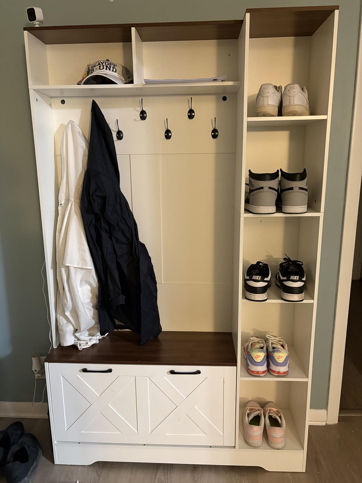 Itaar Hall Tree with Bench and Shoe Storage, Farmhouse Entryway Bench with Coat Rack, Shoe Cabinet with Flip Drawers, 7 Shelves, 10 Coat Hooks, Storage Bag, Led Lights, Rustic Brown customer photo 2