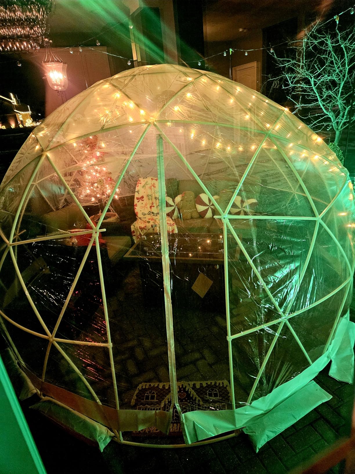 Garden Dome Tent 12*7.2FT, 360° View Geodesic Dome Greenhouse with PVC Clear Cover, Waterproof Garden Bubble Dome Tent House with 2 x 10M Light Strings for Outdoor, White customer photo 1