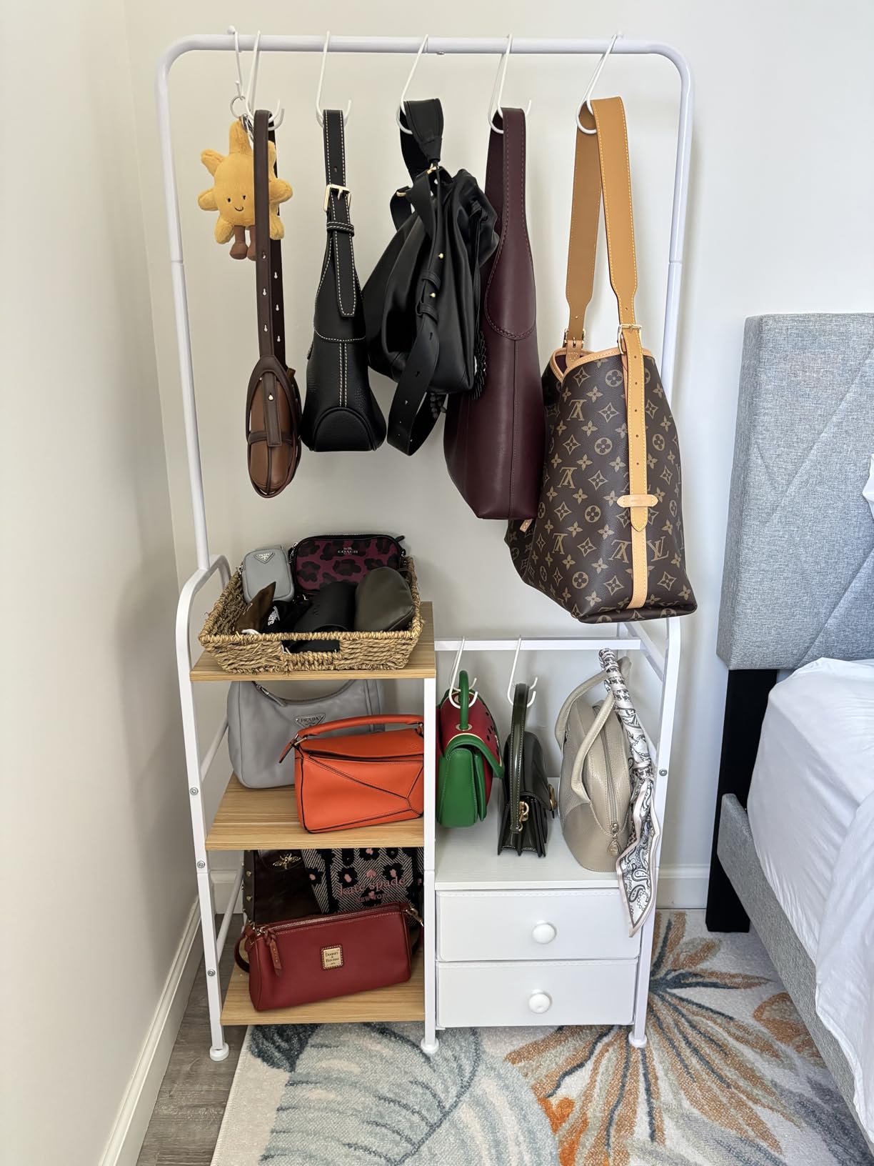 HOOBRO 3-Tier Tall Purse Organizer with Hooks & Drawers, Floor-Standing Purse Rack Stand for Handbag Organizer, Purse Storage Organizer for Closet, Entryway, Bedroom, Rustic Brown and Black BF98CJ01 customer photo 2
