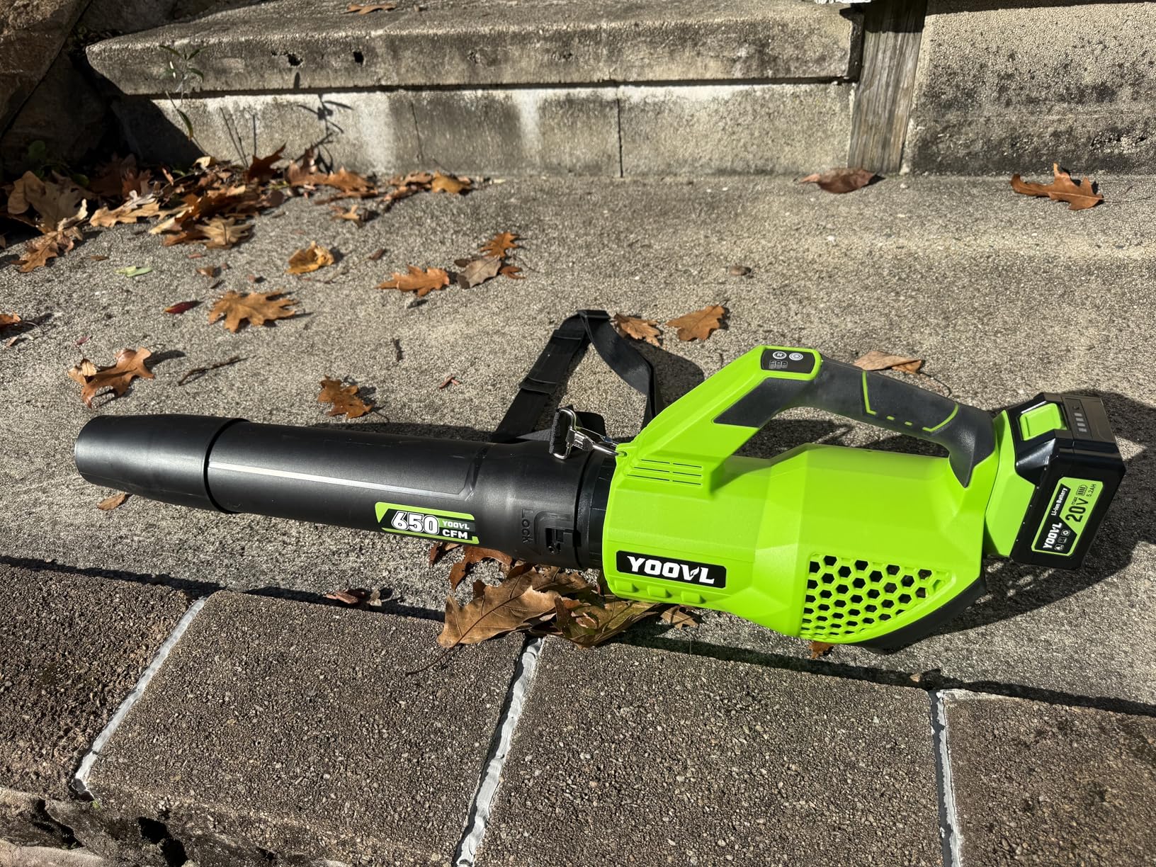 Leaf Blower Cordless, 650CFM Electric Leaf Blowers with 2 x 5.2Ah Batteries and Charger, 3 Speed Modes, 1 x Adjustable Shoulder Strap, Powerful Blowers for Lawn Care, Patio, Dust, Blowing Leaves customer photo 1
