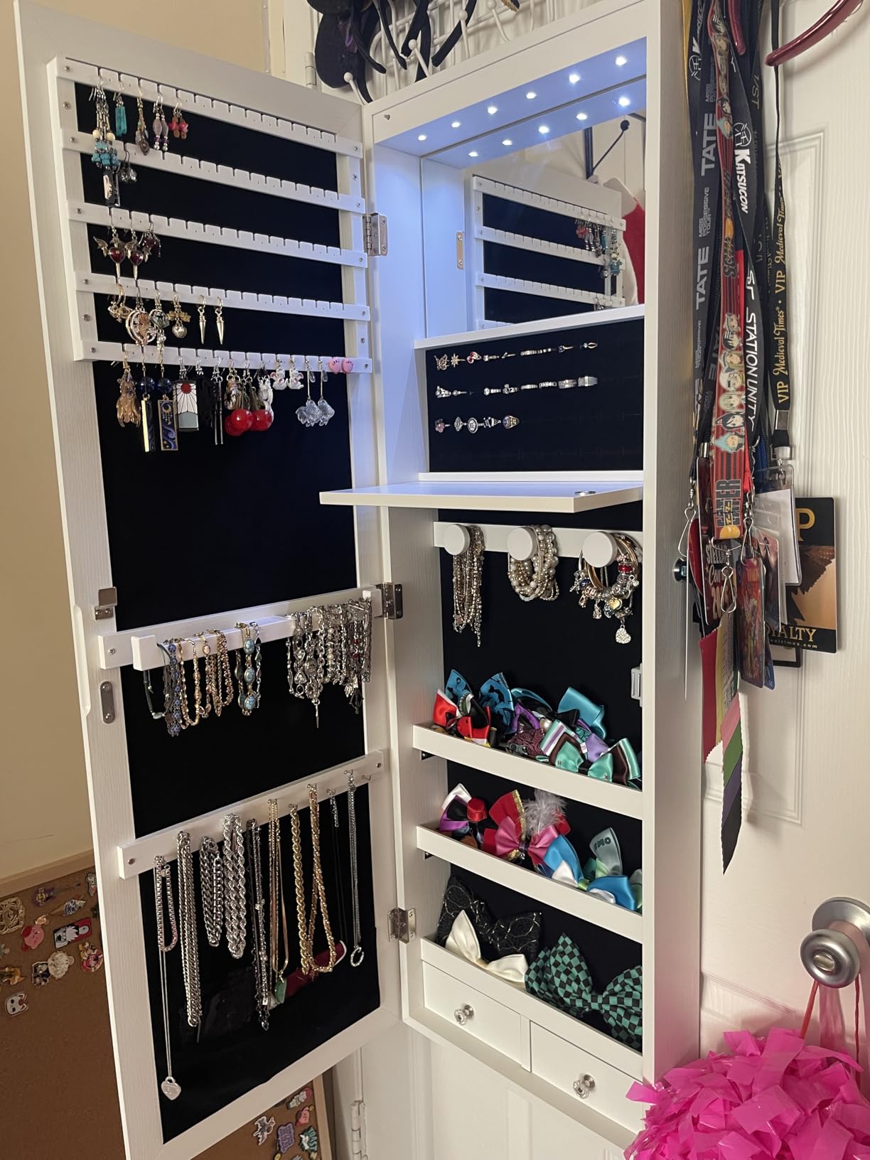 Mirror Jewelry Organizer, Wall/Door Mounted Jewelry Armoire with Full-Length Mirror,Hanging Jewelry Cabinet with LED Interior Lights, White customer photo 1