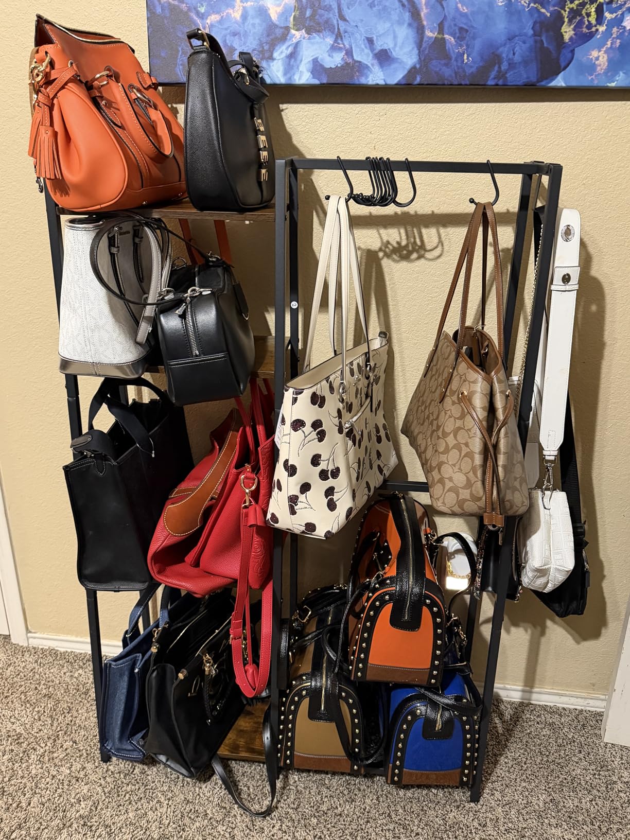 Purse Storage Organizer for Closet, 4-Tier Iron Wood Purse Rack, 8 Purse Hooks & 2 Side Hooks for Bag Organizer, Large Capacity Handbag Storage Rack for Home, Living Room customer photo 1