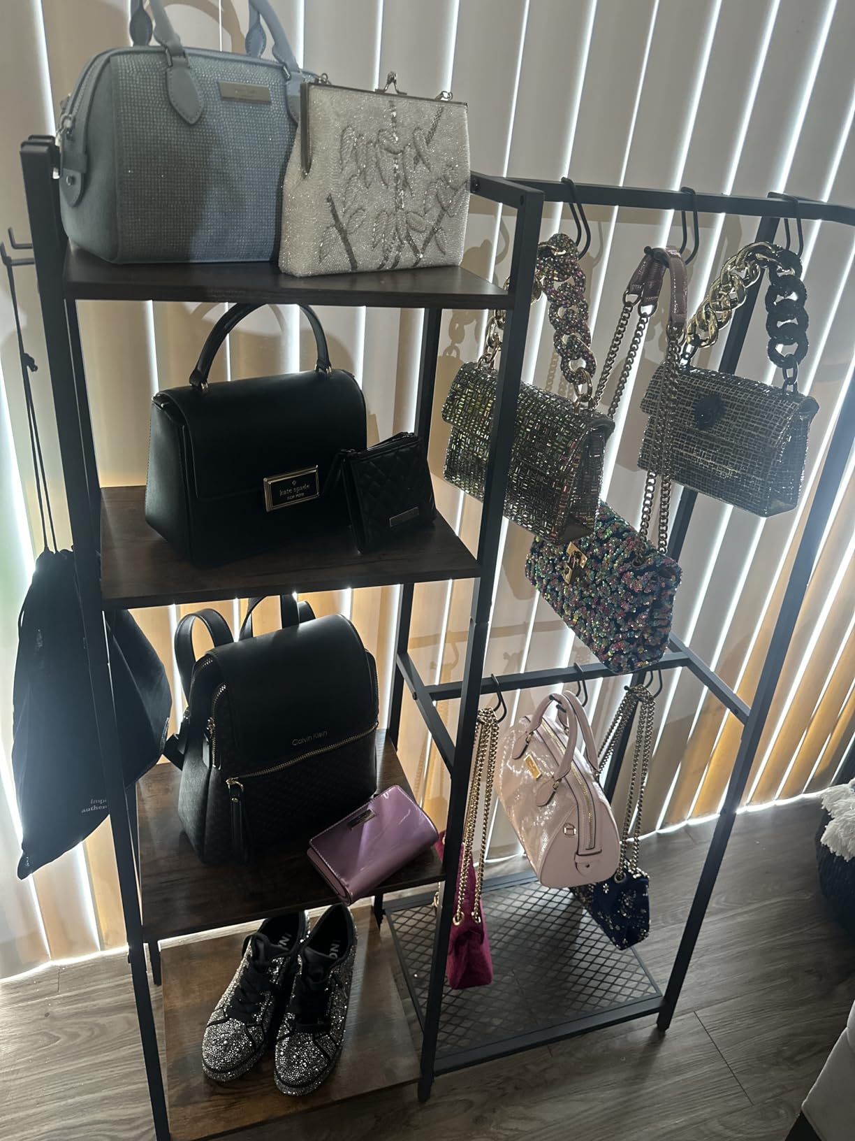 Purse Storage Organizer for Closet, 4-Tier Iron Wood Purse Rack, 8 Purse Hooks & 2 Side Hooks for Bag Organizer, Large Capacity Handbag Storage Rack for Home, Living Room customer photo 2