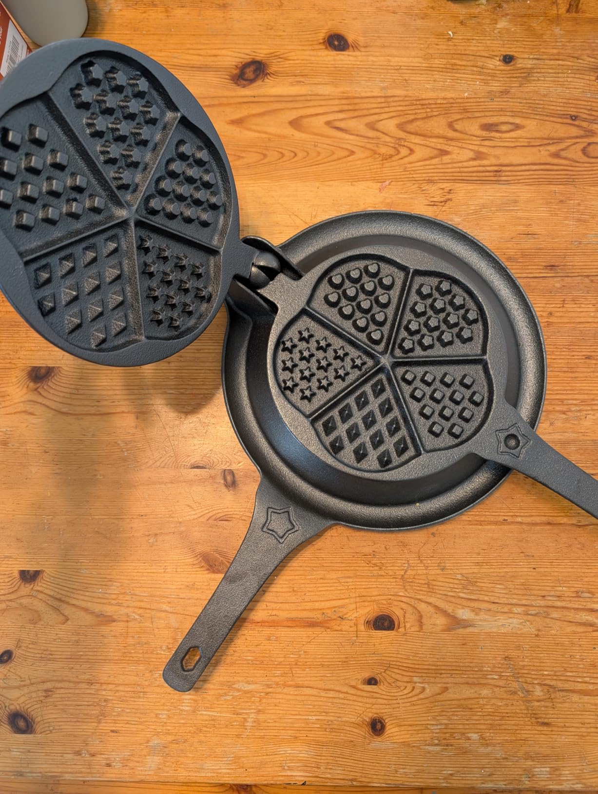 Cast Iron Waffle Maker Stove Top, American Waffle Maker Pre-Seasoned, Round waffle maker, PFOA free, 5-in-1 Shape Designs, Non-Coated Surface, Waffle iron for Camping Grill or Stove Top. customer photo 1