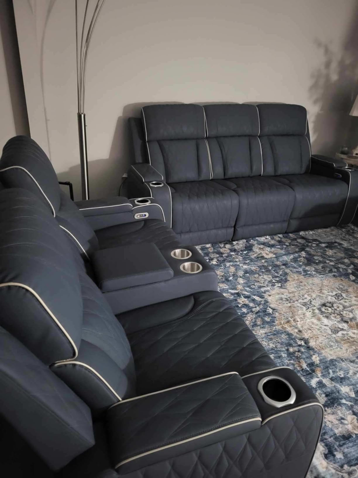 Power Recliner Sofa Set with LED, Air Leather Reclining Couch with USB Port/Cup Holders/Storage Console, 3 Pieces Leather Sofa and Loveseat Chair for Living Room/Apartment/Office (Blueish Grey) customer photo 2