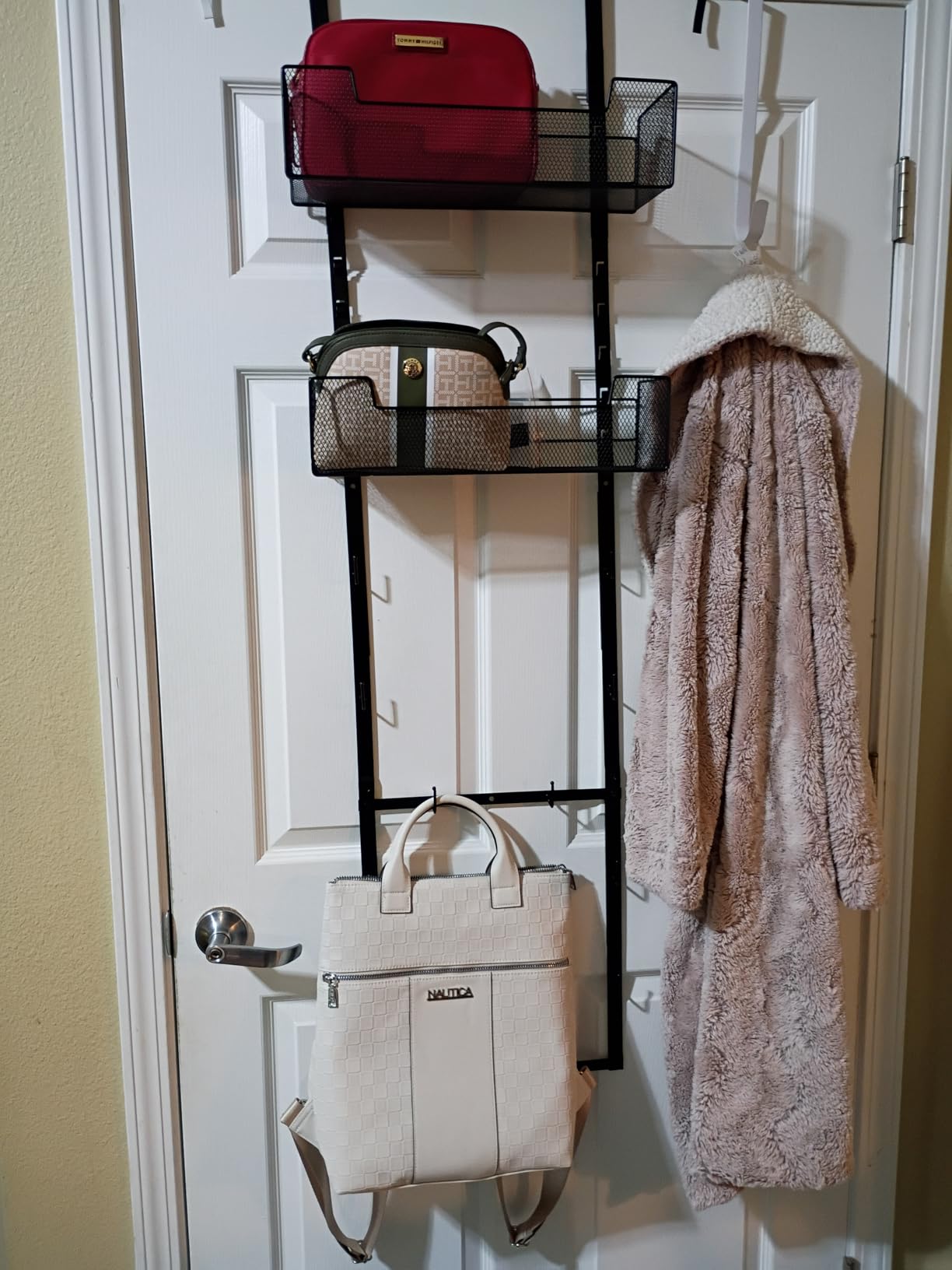 Over The Door Purse Organizer, Purse Storage Rack with 12 Hooks and 2 Adjustable Metal Basket, for Door, Hanging Handbag Storage Organizer Holds up to 12 Bags, for Closet, Black customer photo 1