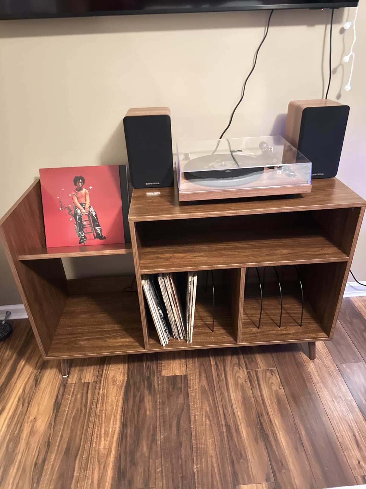 RARZOE Large Record Player Stand with Vinyl Storage, 5-Tier AV Media Stereo Cabinet, Curved Vinyl Record Storage Cabinet Turntable Stand with Adjustable Shelves for Living Room Recording Studio customer photo 2