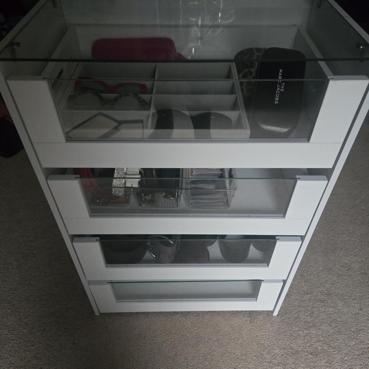 Closet Island with 10 Drawers & Glass Top, White Wardrobe Armoire Island with Display Shelves,Walk-in Closet Island for Bedroom, Cloakroom customer photo 1