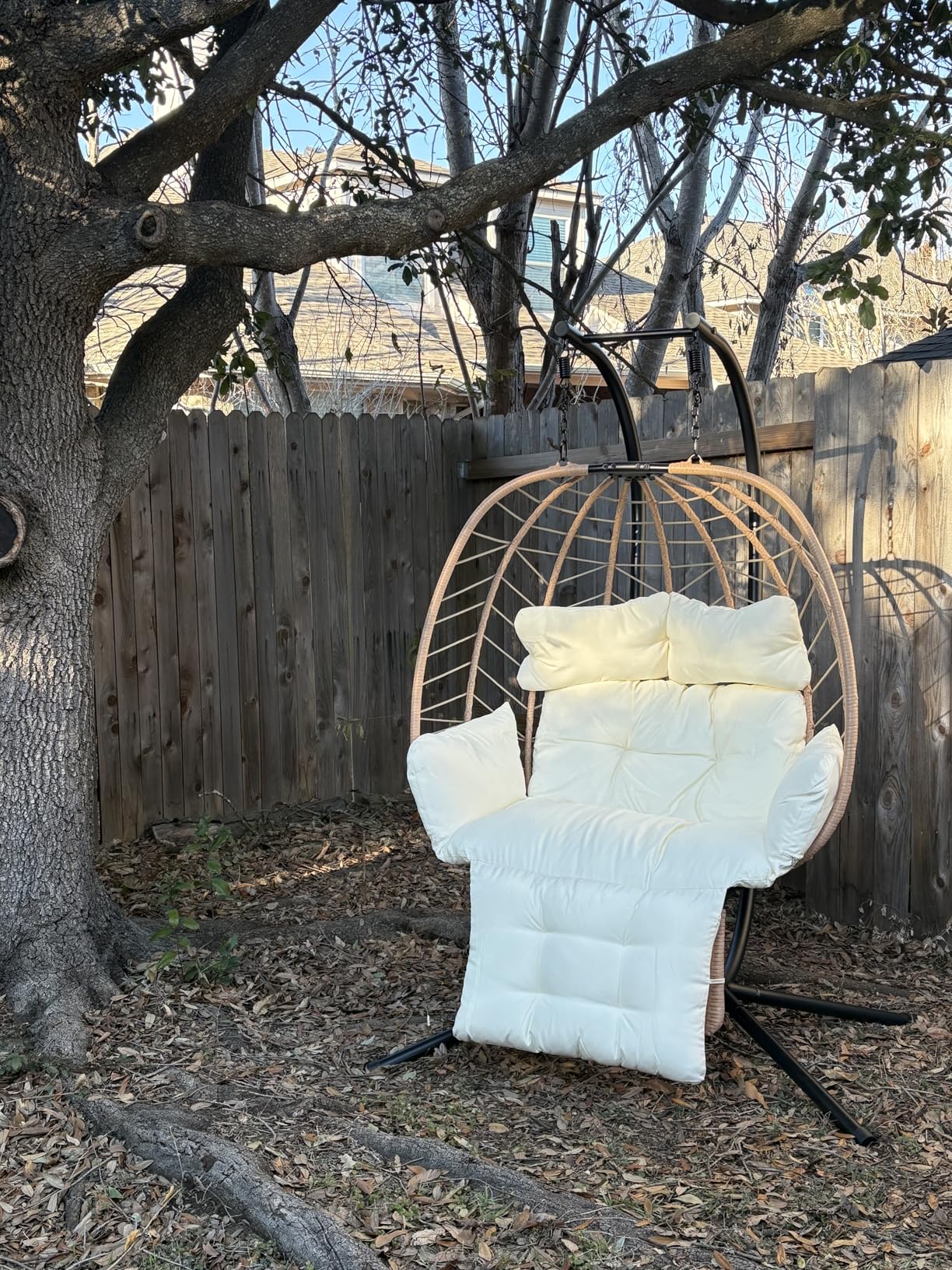 ONBRILL Double Egg Chair with Adjustable Footrest and Stand, Rattan Hammock Swing Loveseat with Cushions and Headrests, 650LBS Capacity Hanging Chairs for Outdoor and Indoor Patio, Deck, Bedroom (BL-GR) customer photo 1
