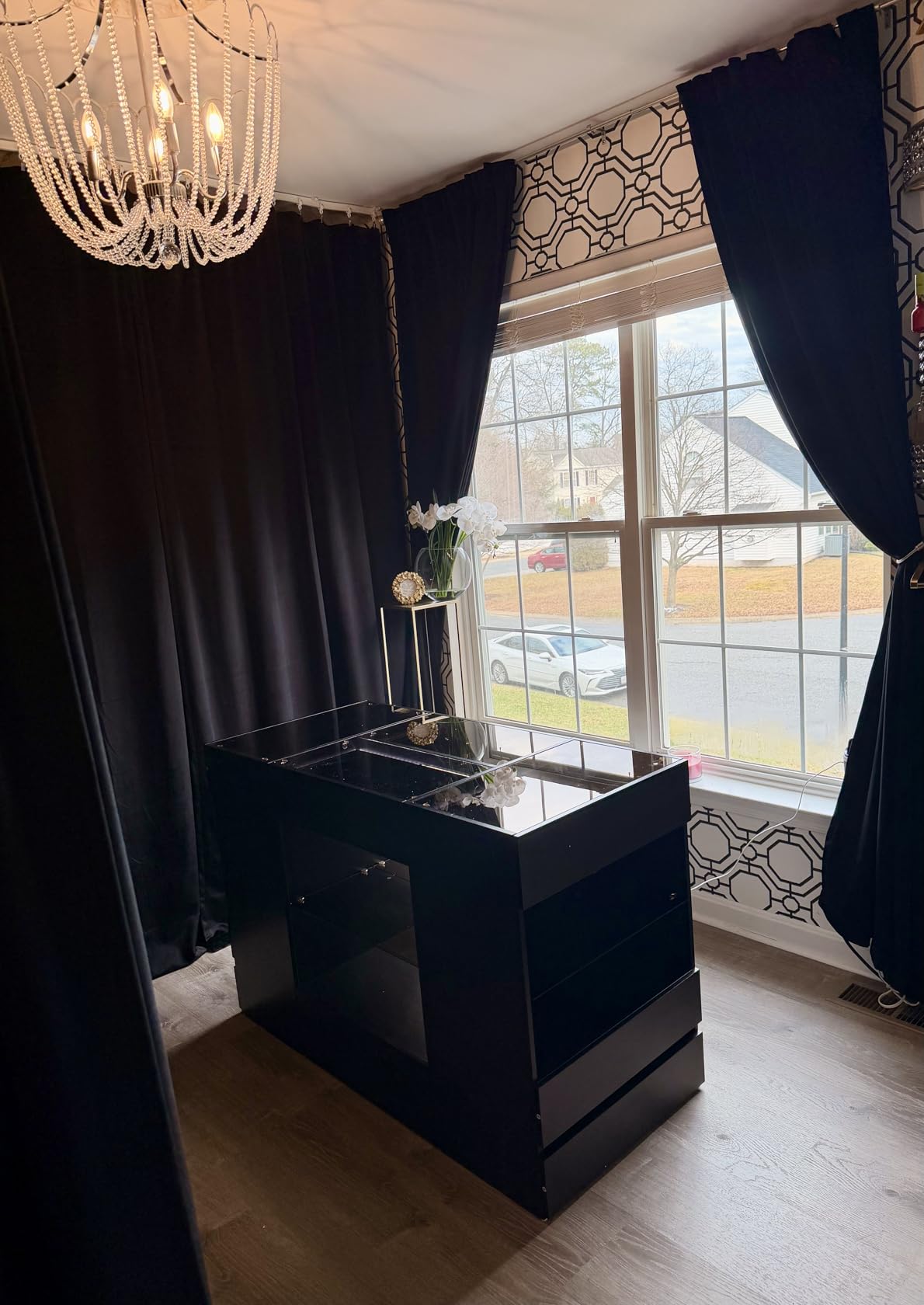 Modern Closet Island with 10 Drawers, LED Wardrobe Armoire Island with Glass Top, Luxury Walk-in Closet Island Storage Cabinet with Display Shelf for Cloakroom (White+Amber Glass) customer photo 1