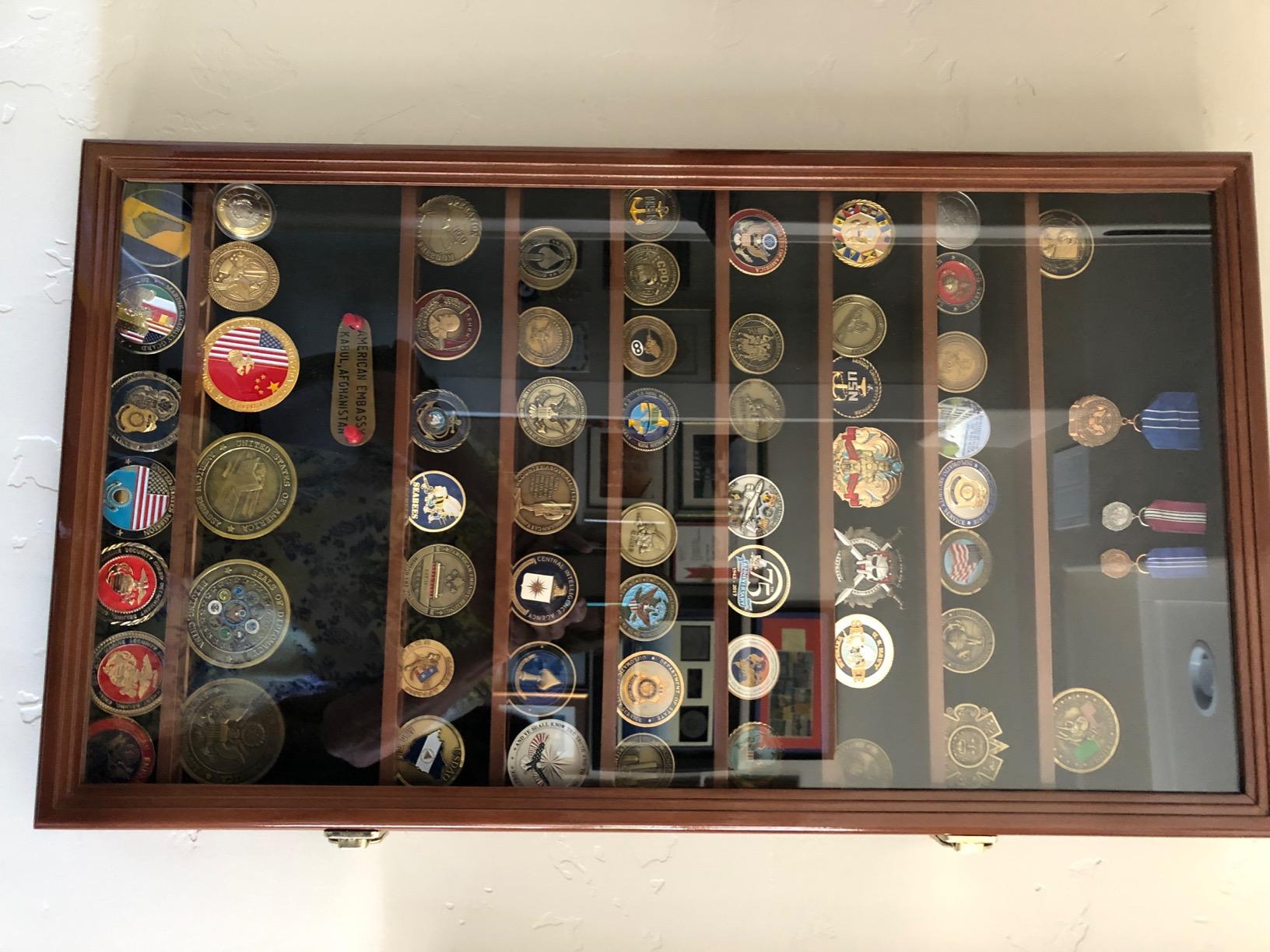 L Military Challenge Coin Display Case Cabinet Rack Holder Stand Box w/UV Protection, Walnut Finish customer photo 1
