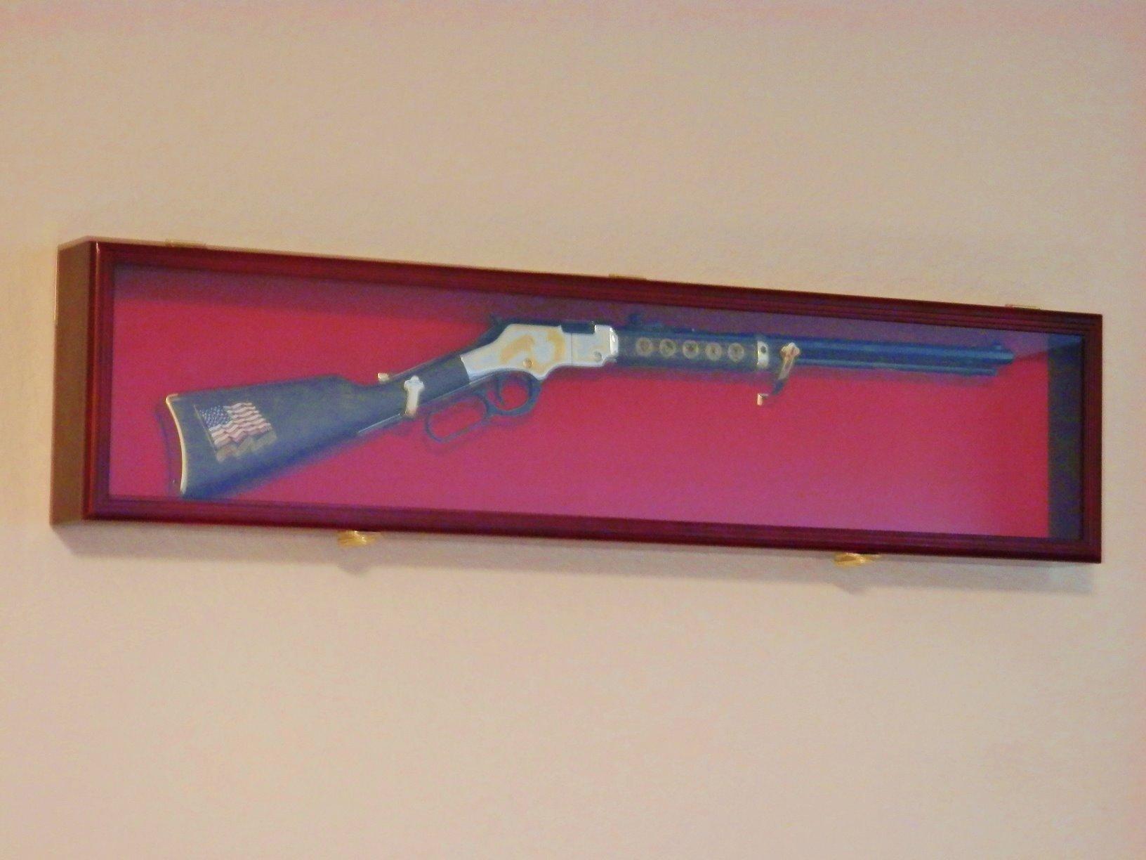 Single Rifle Display Case Wall Rack Cabinet w/UV Protection -Lockable, Cherry customer photo 2