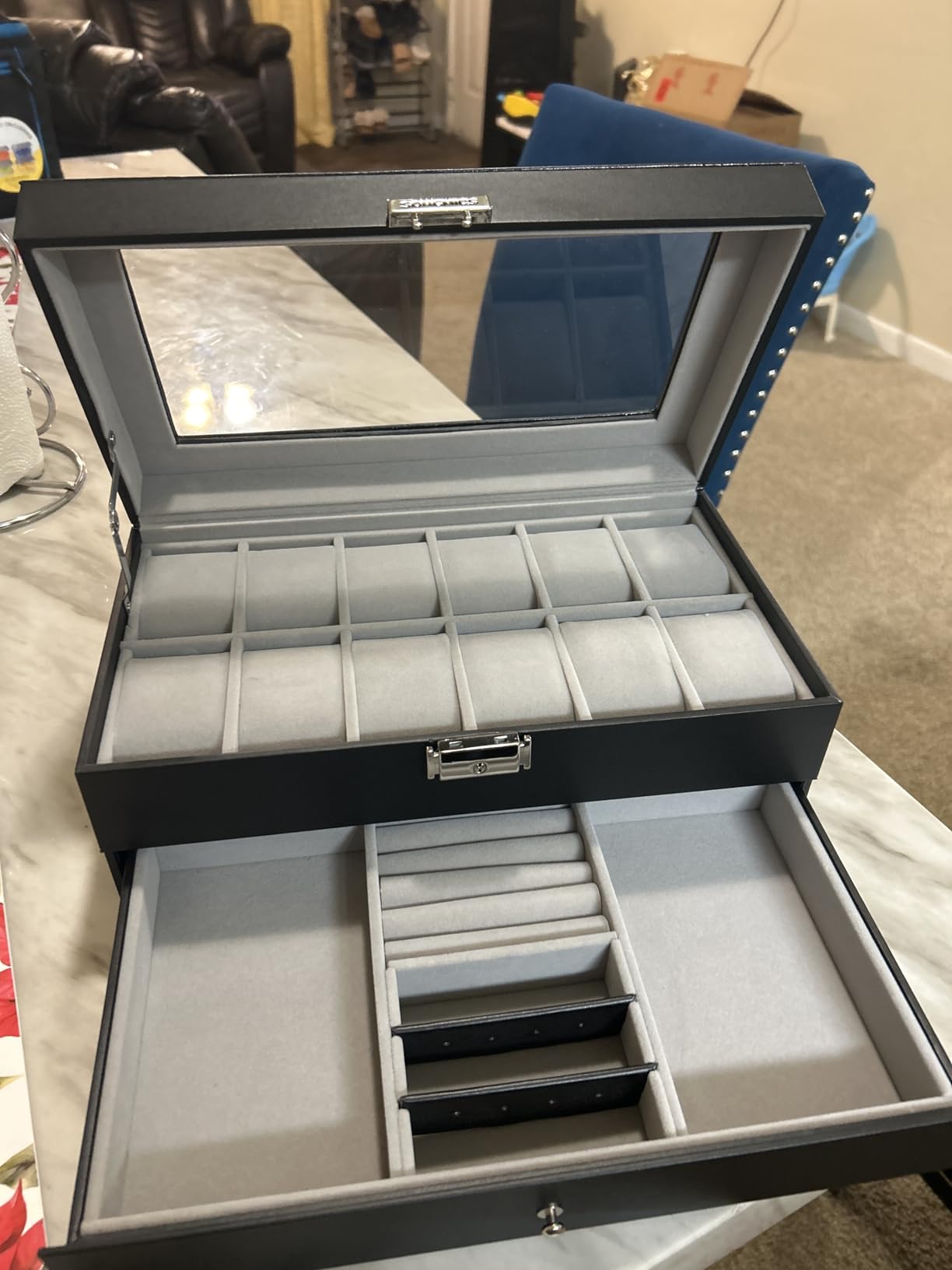 SONGMICS Watch Box, 12-Slot Watch Case Organizer with Large Glass Lid, 2 Layers, Removable Pillows, Metal Lock, Black Synthetic Leather, Gray Lining UJWB012 customer photo 1