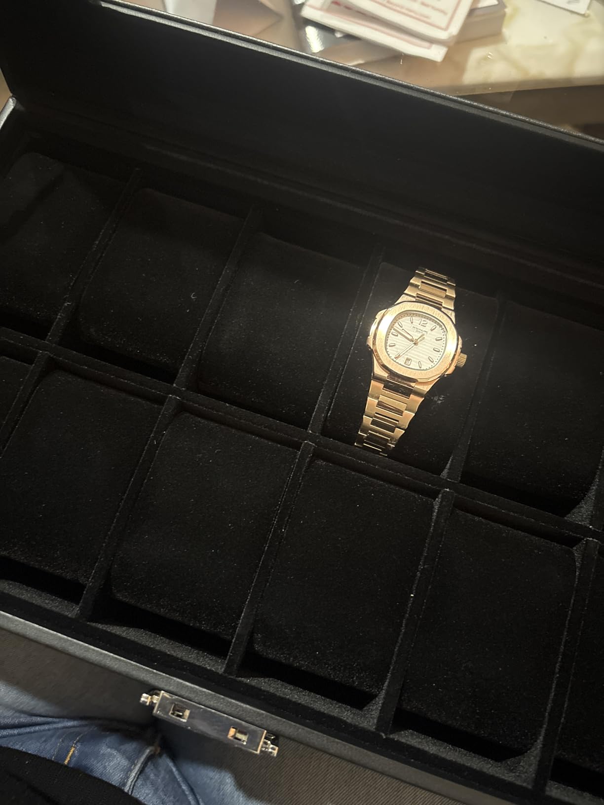 SONGMICS Watch Box, 12-Slot Watch Case Organizer with Large Glass Lid, 2 Layers, Removable Pillows, Metal Lock, Black Synthetic Leather, Gray Lining UJWB012 customer photo 2