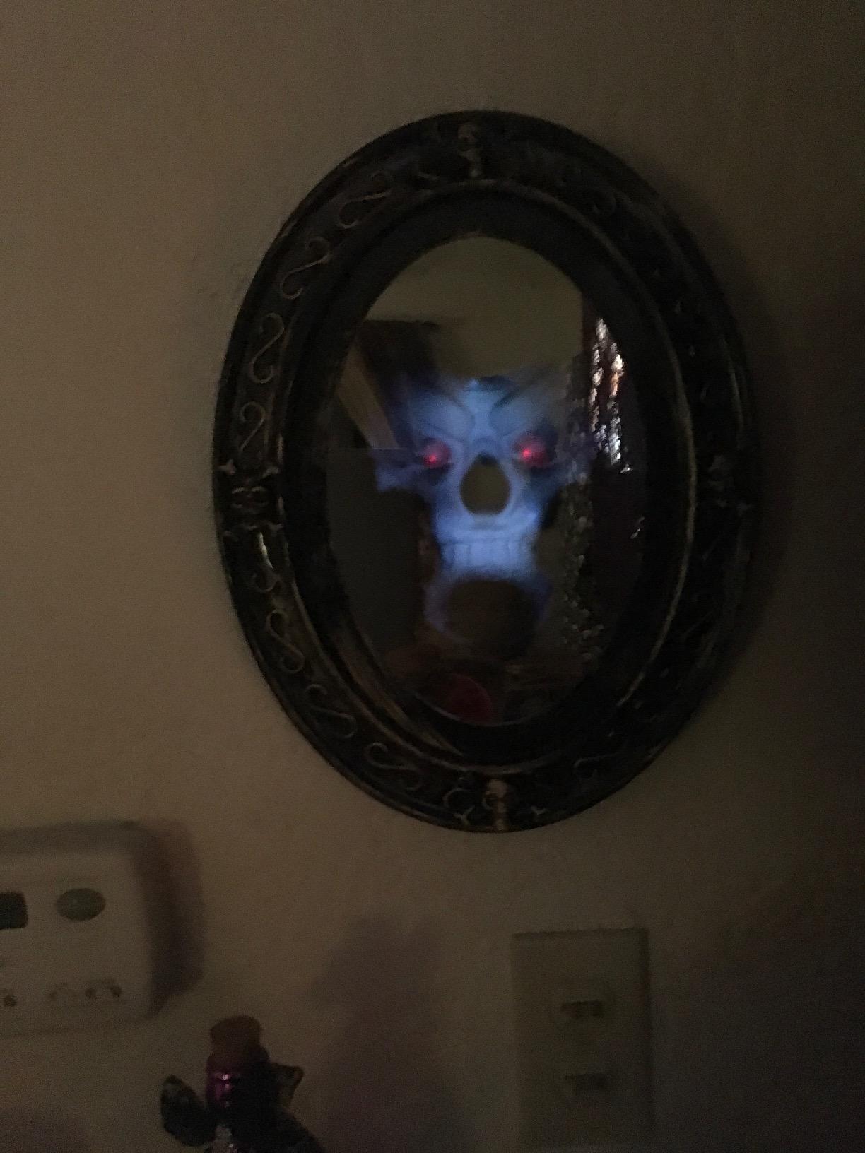 Liberty Imports Scary Motion Activated Skull Haunted Mirror with Creepy Sound and Light, Horror Prop for Indoor Halloween Party Decorations customer photo 1