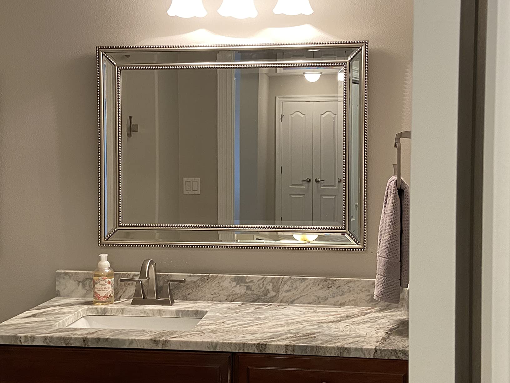 Palais Rectangular Vanity Decorative Accent Wall Mirror Modern Beaded Beveled Glass Mottled Silver Mirrored Frame 30