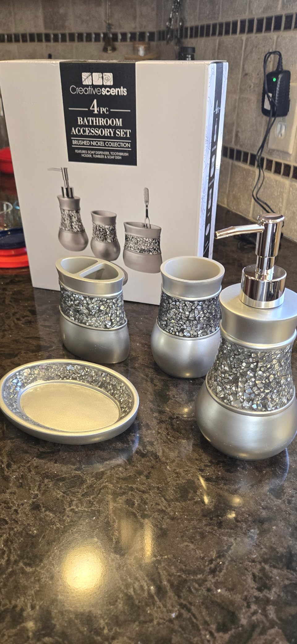 Creative Scents Crackled Glass Silver Bathroom Accessory Set - 4-Piece Vanity Set Includes: Lotion Soap Dispenser, Toothbrush Holder, Tumbler, and Soap Dish customer photo 1