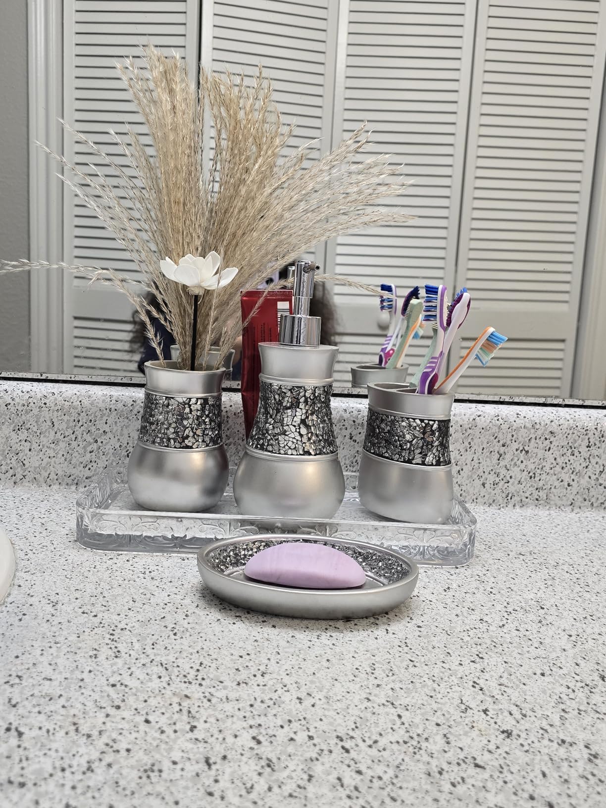 Creative Scents Crackled Glass Silver Bathroom Accessory Set - 4-Piece Vanity Set Includes: Lotion Soap Dispenser, Toothbrush Holder, Tumbler, and Soap Dish customer photo 2