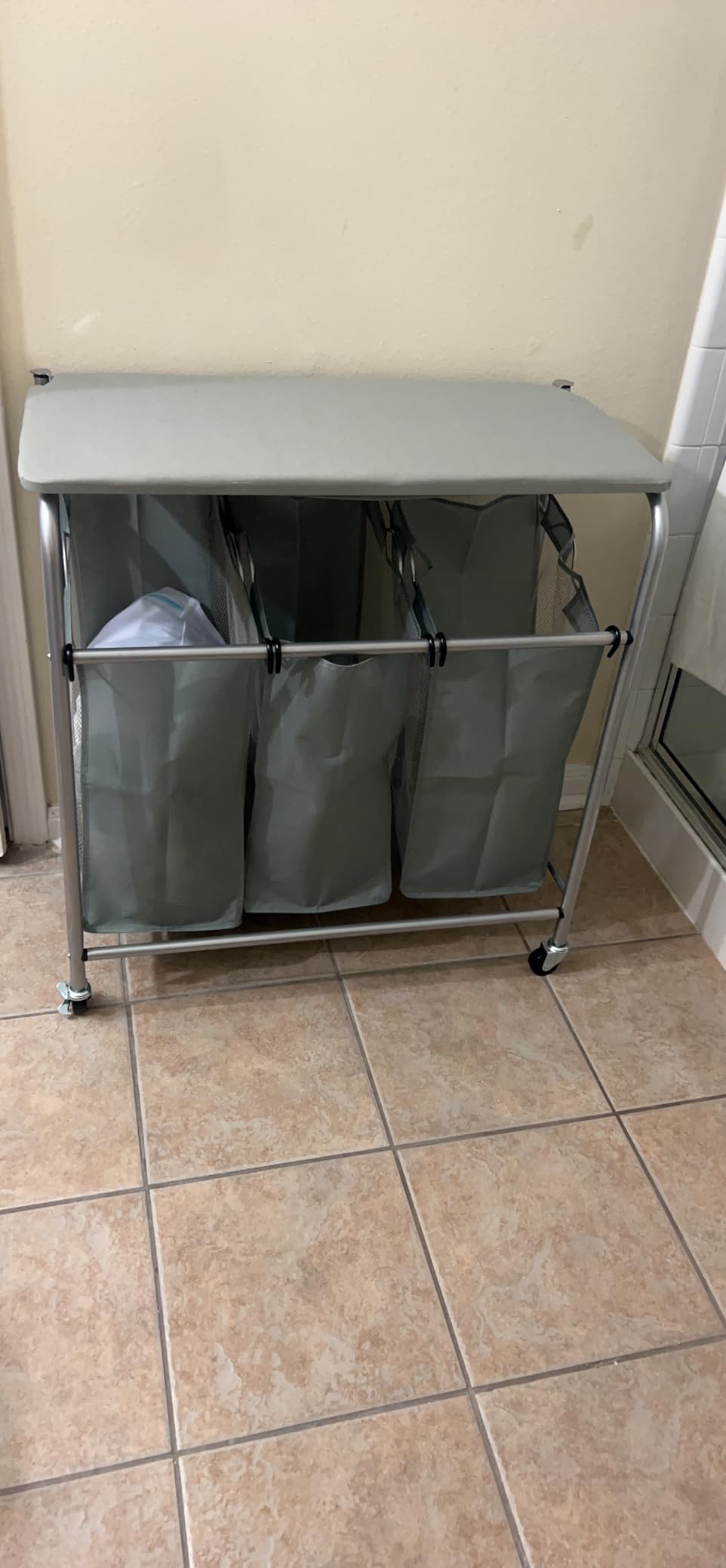 Whitmor 3 Section Rolling Laundry Sorter with Folding Station - Ironing Board, Chrome / Gray customer photo 2