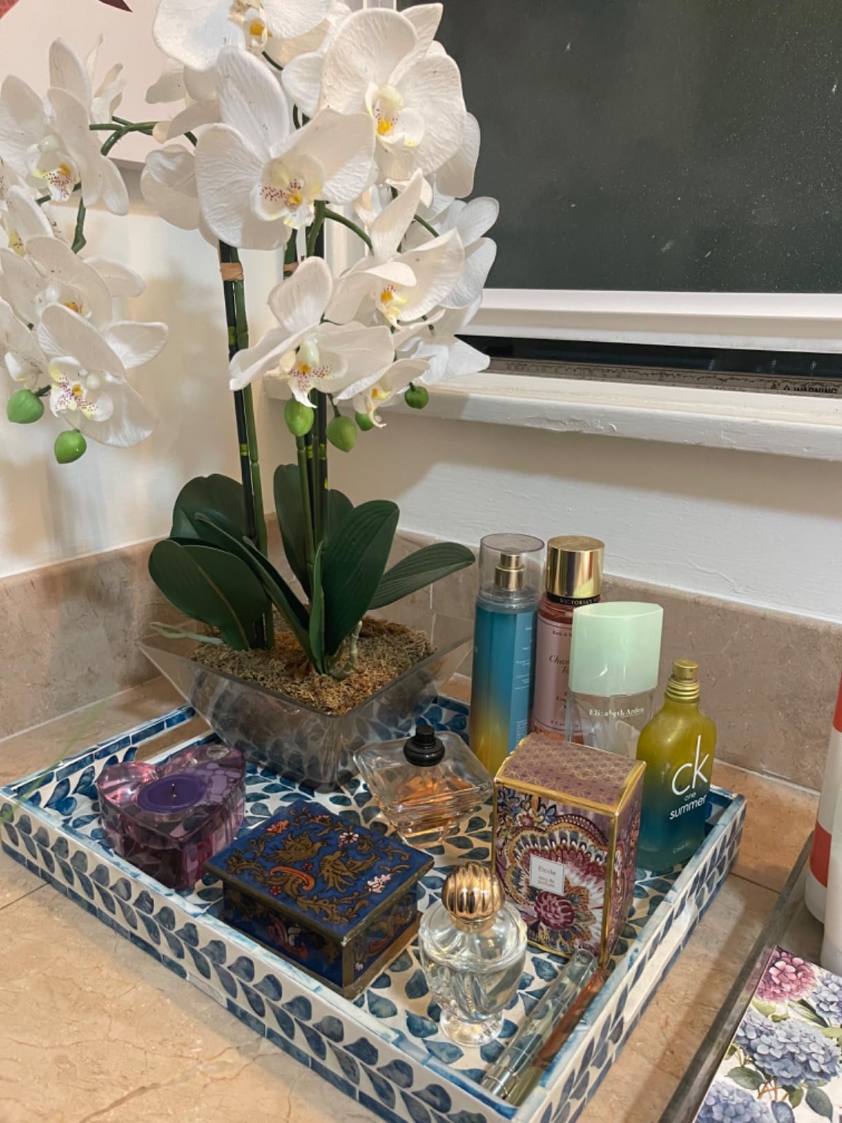 Nearly Natural 4570 Triple Phalaenopsis Orchid in Glass Vase, Green/White customer photo 1