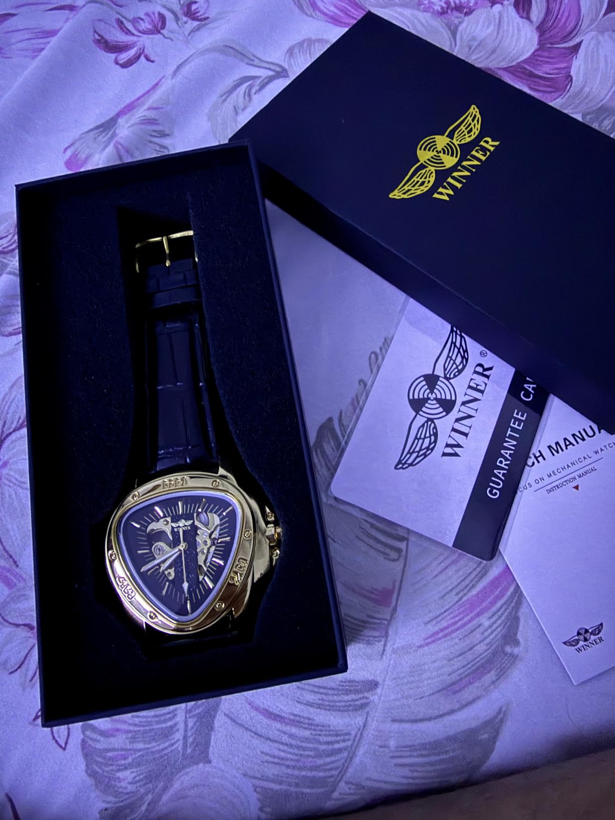 Winner Fashion Mechanical Wrist Watch Triangle Racing Dial, Waterproof Golden Skeleton Dial Automatic Movement Leather Design Mechanical Watch for Men customer photo 2