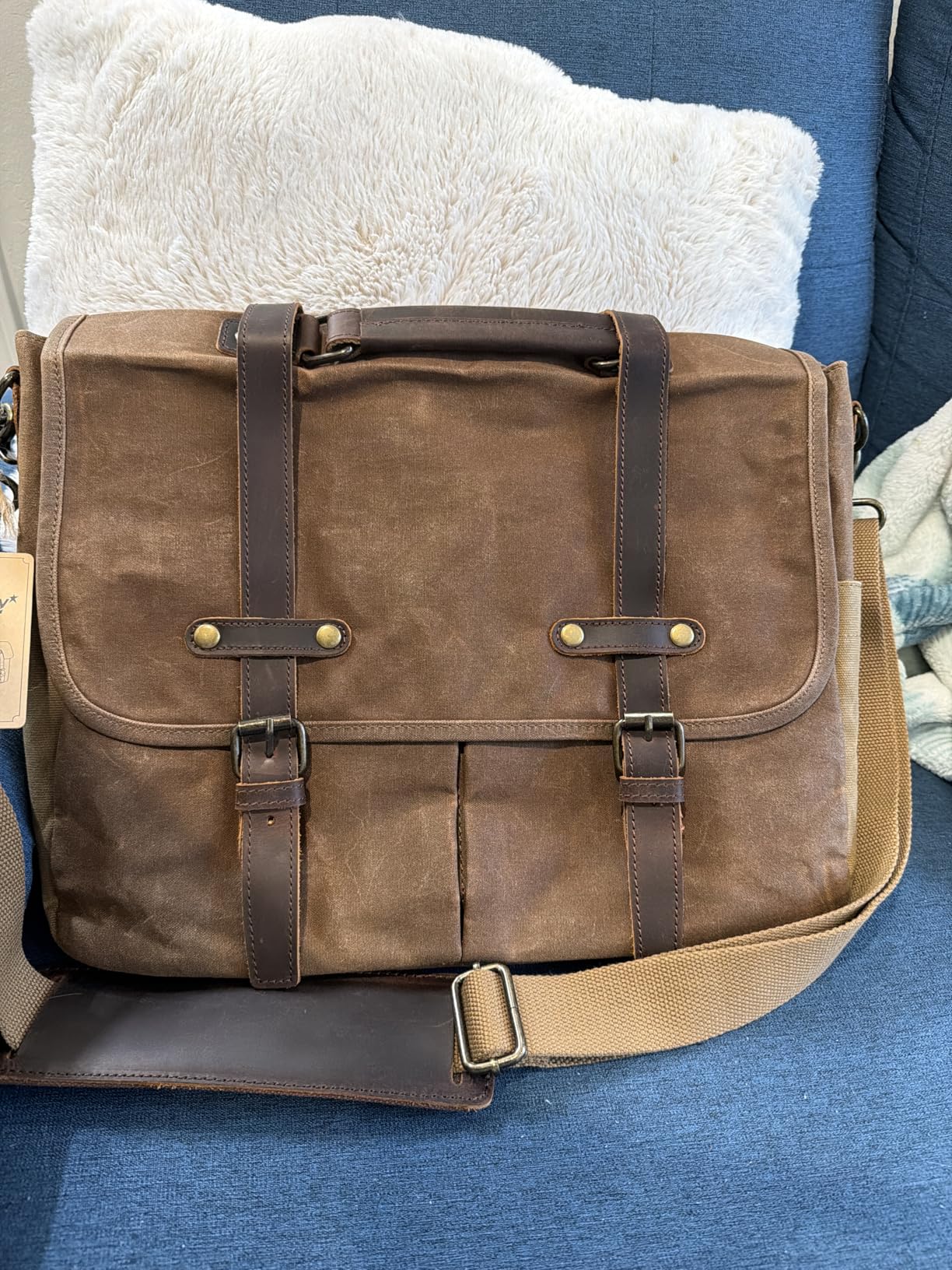 Mens Messenger Bag 15.6 Inch Waterproof Vintage Genuine Leather Waxed Canvas Briefcase Large Leather Computer Laptop Bag Rugged Satchel Shoulder Bag, Brown customer photo 1