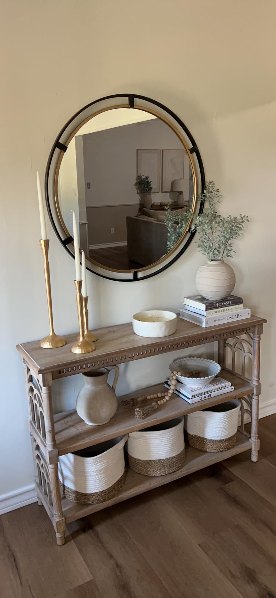 Crest Round Vanity Decorative Wall Mirror Rustic Distressed Bronze Antiqued Gold Metal Ring Frame 34