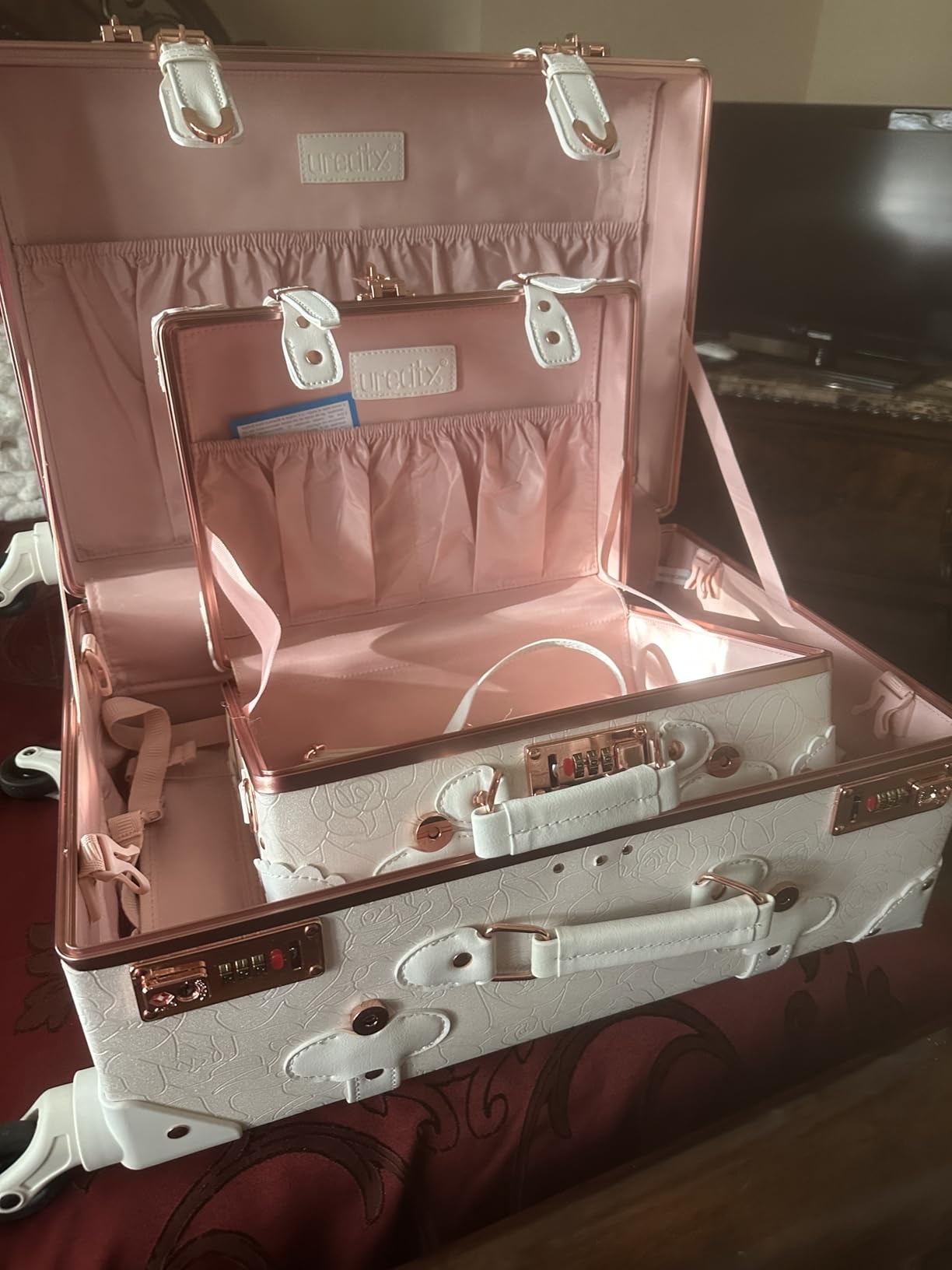urecity Vintage Luggage Set, 2 Piece Retro Leather Suitcase for Women, Travel Luggage with Spinner Wheels and Beauty Case (Rose White, 20